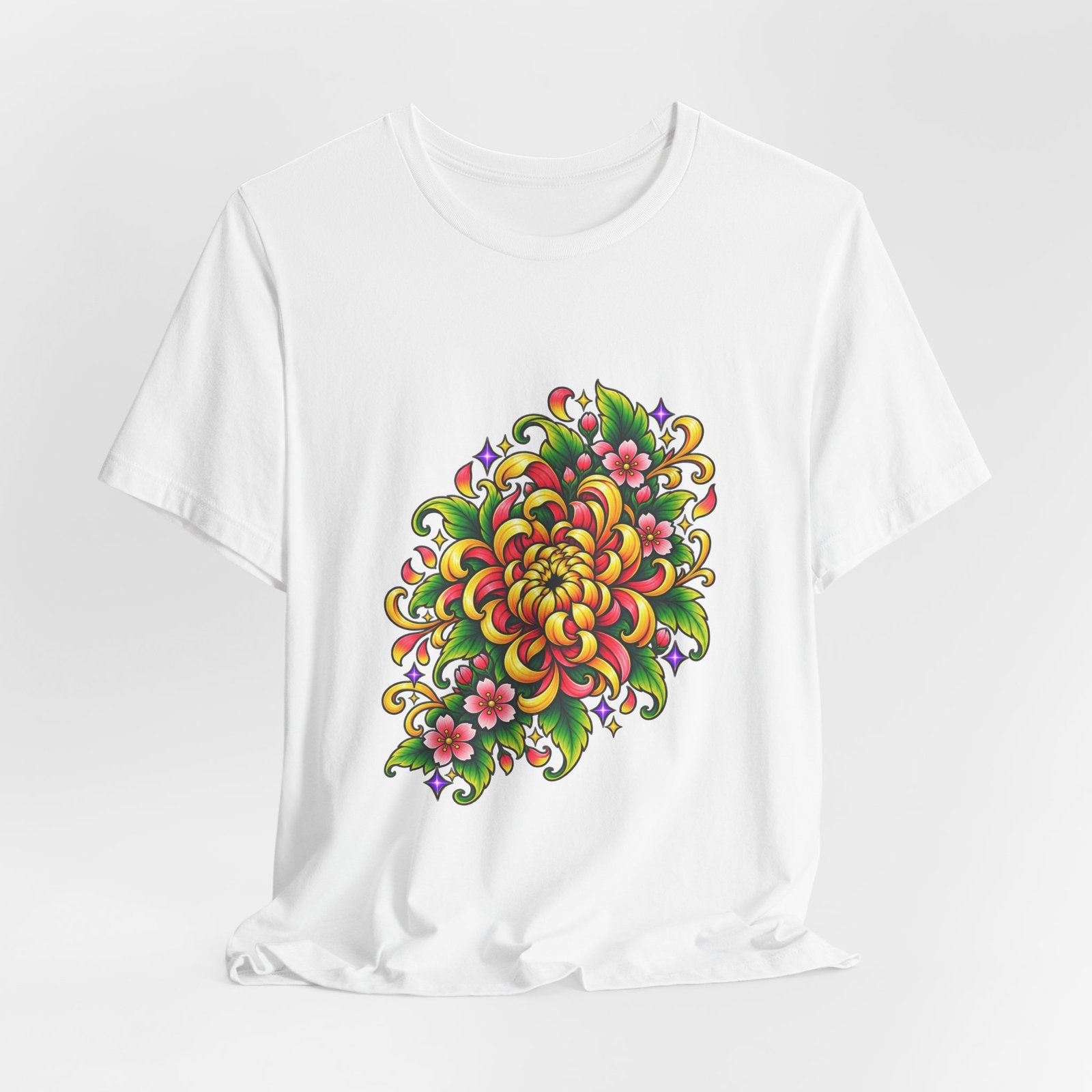 Vivid Chrysanthemum Floral Blossom Graphic Tee - Image 4