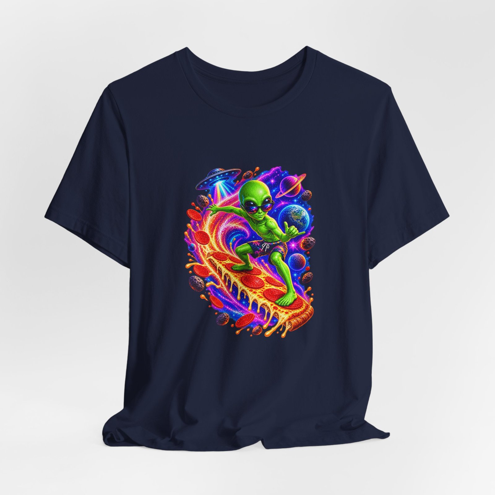 Alien Pizza Space Surfer Graphic Tee - Image 36