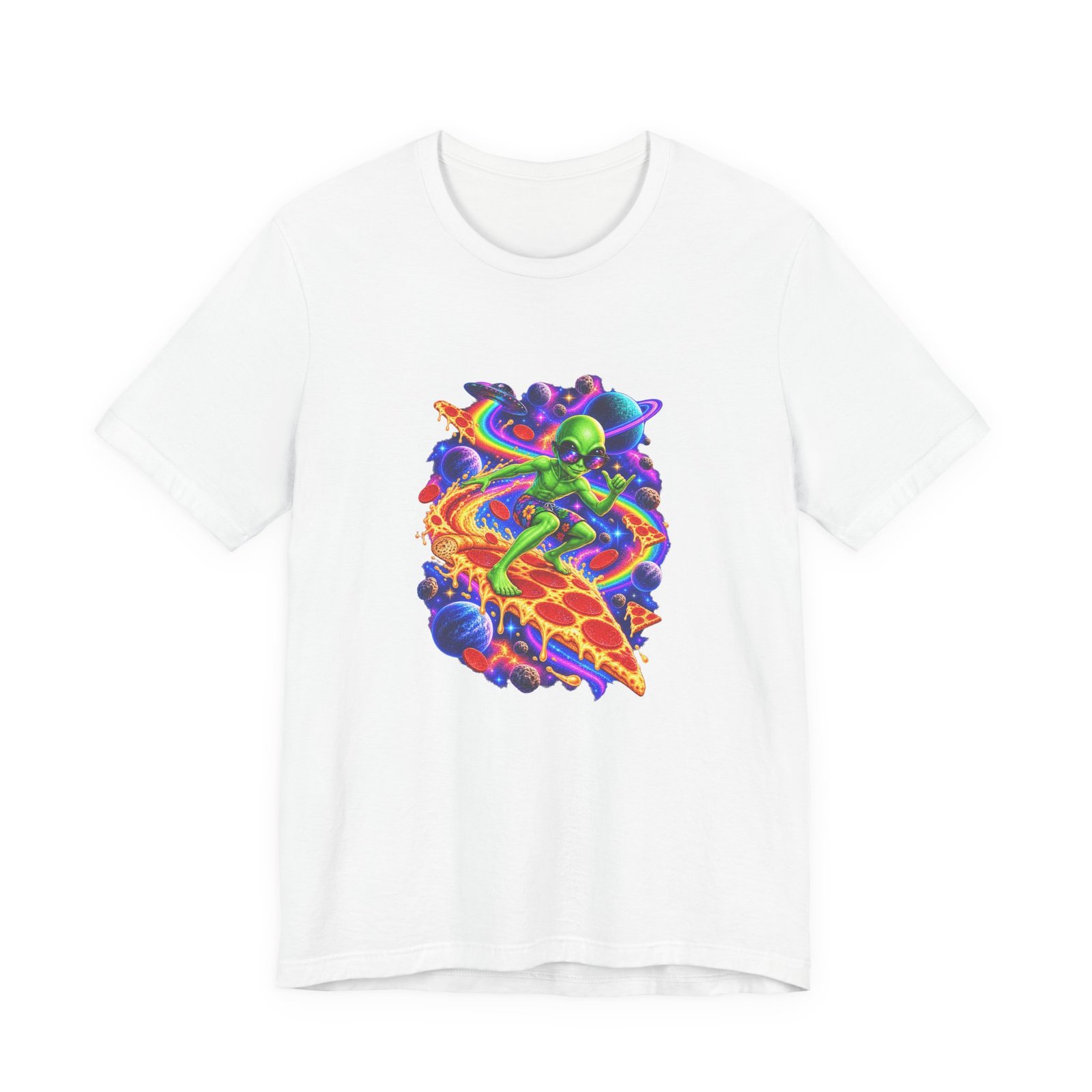 Cosmic Alien Pizza Surfer Graphic Tee