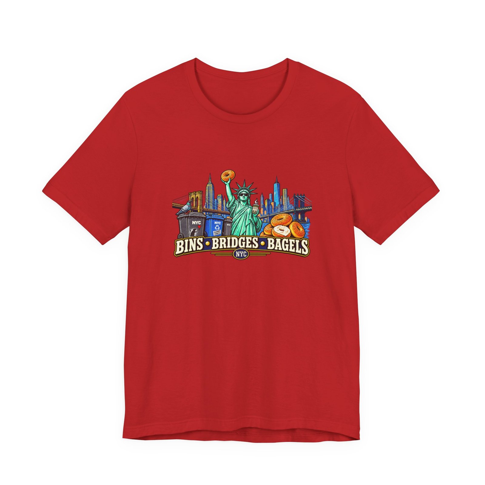 NYC Cleaner Streets Liberty Bagels Bridges Bins Graphic Tee - Image 45