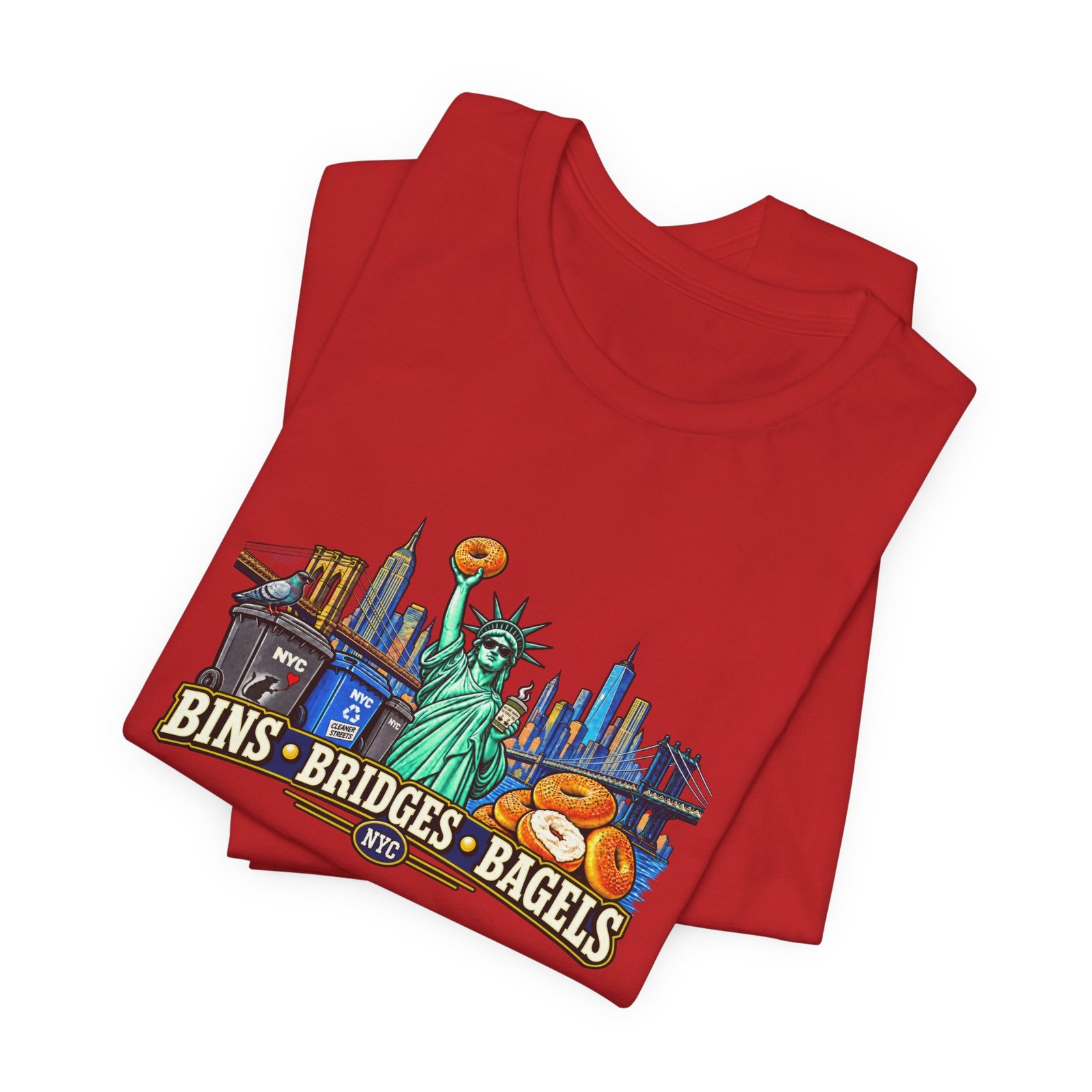 NYC Cleaner Streets Liberty Bagels Bridges Bins Graphic Tee - Image 47