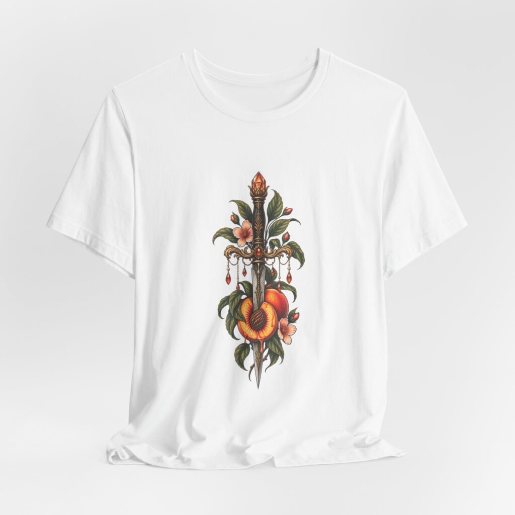 Ornate Botanical Sword With Flowers and Peach Fruit
