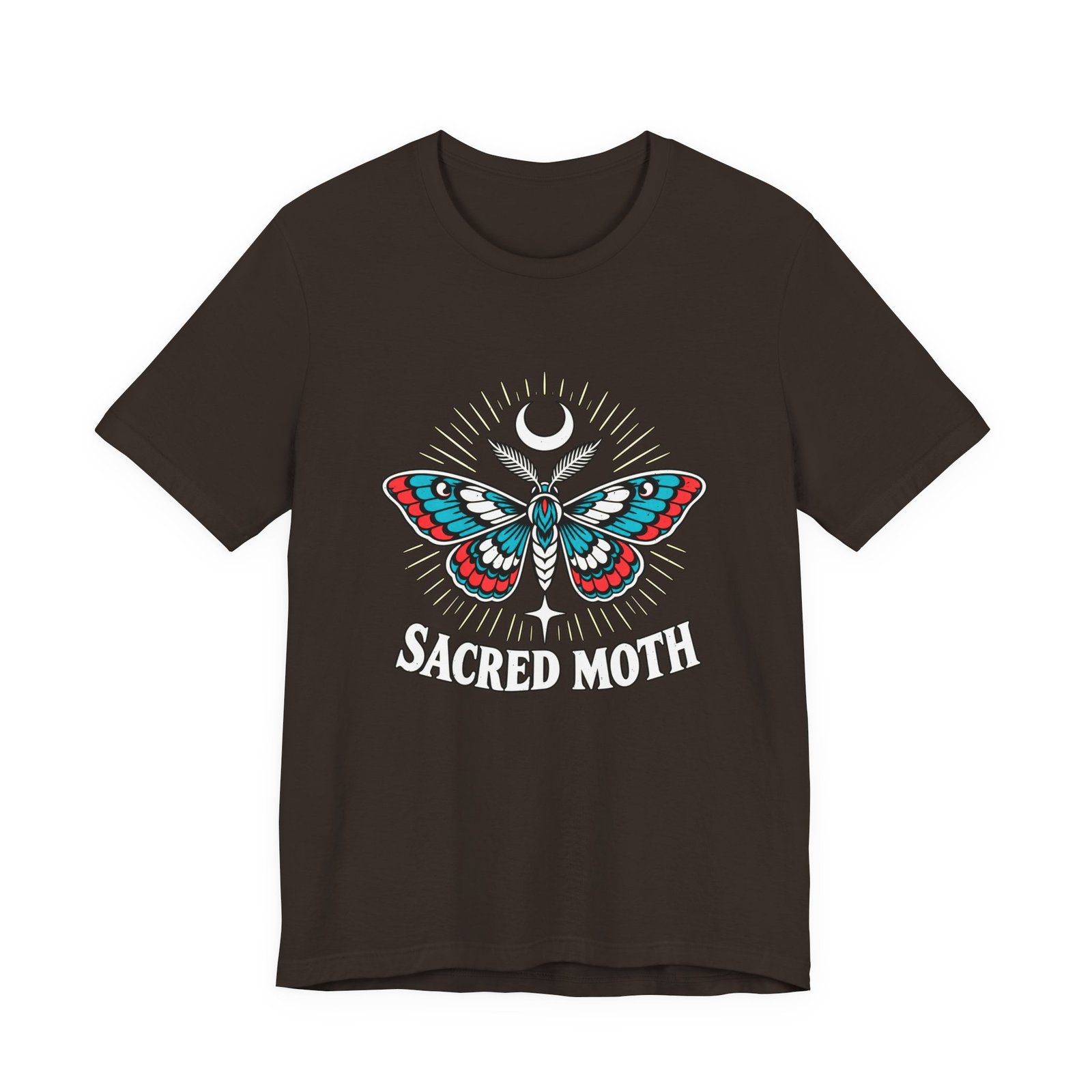 Dark brown t-shirt printed with a symmetrical moth with a crescent moon above, beneath the words Sacred Moth