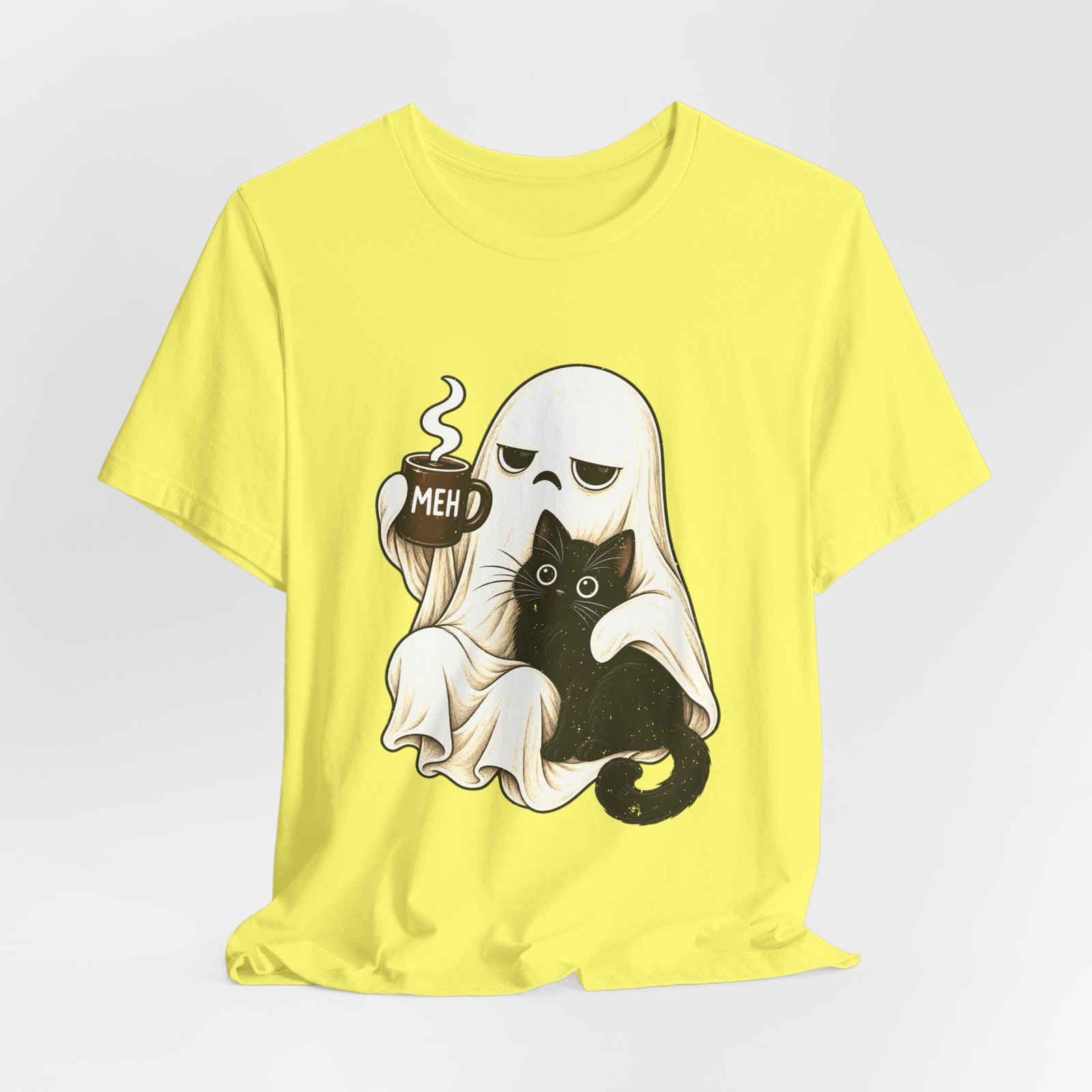 MEH Grumpy Ghost Coffee Holding Cat Graphic Tee - Image 20