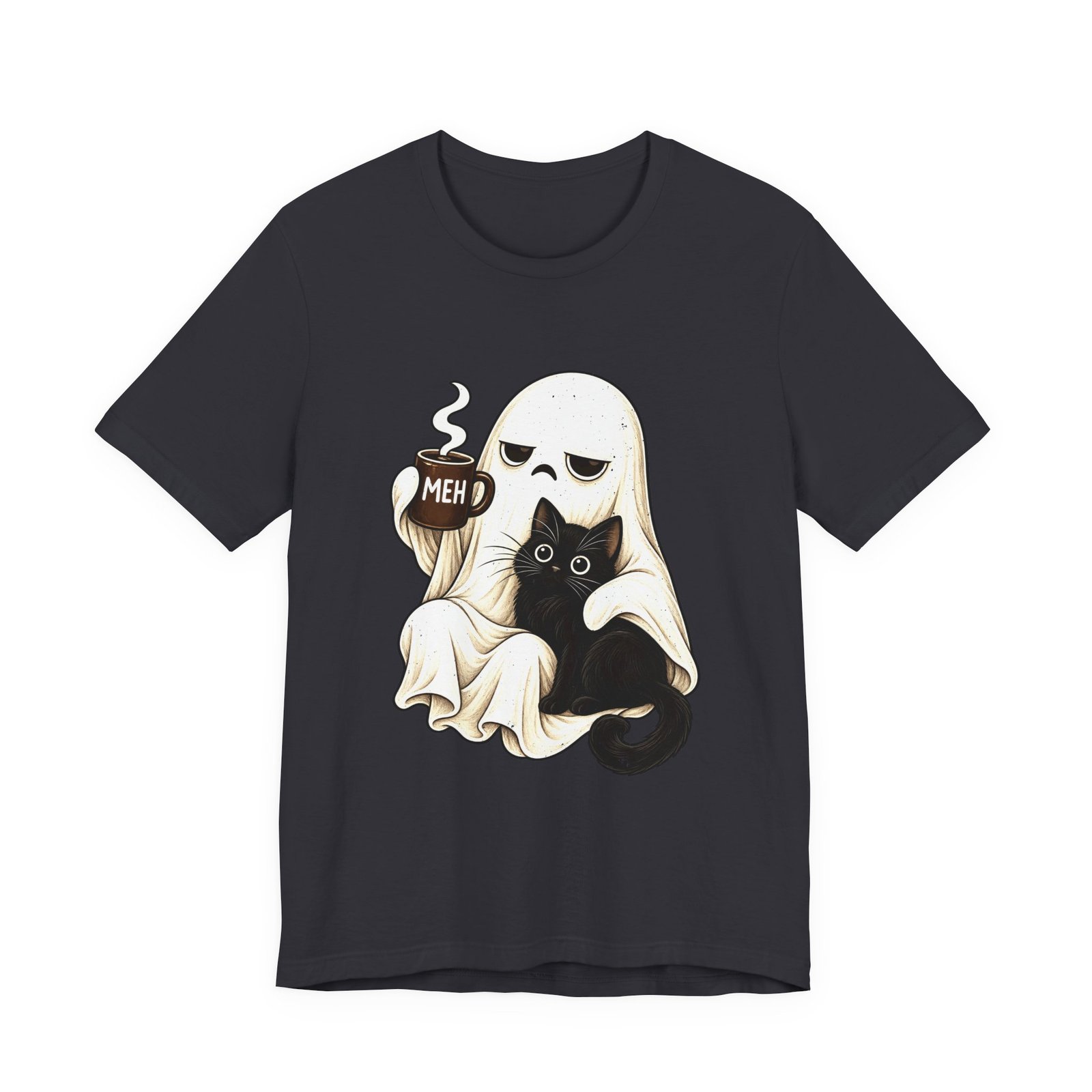 MEH Grumpy Ghost Coffee Holding Cat Graphic Tee - Image 21