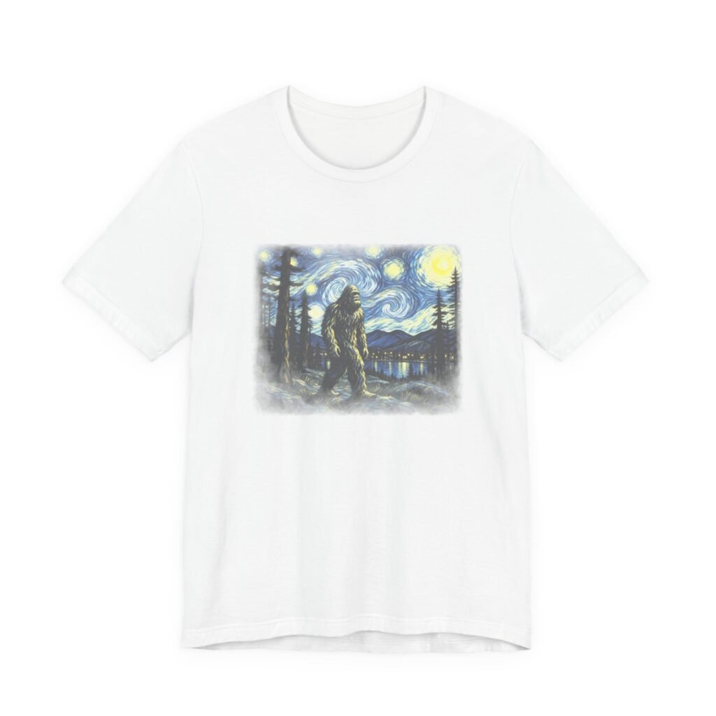 White t-shirt printed with Bigfoot walking through a starry night landscape painted in swirling brushstrokes