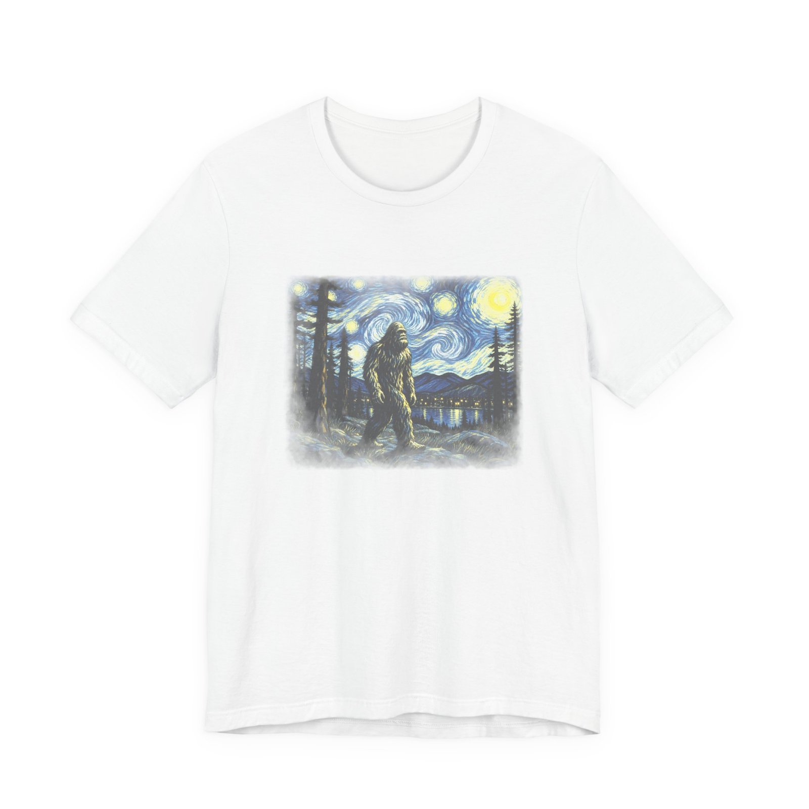 White t-shirt printed with Bigfoot walking through a starry night landscape painted in swirling brushstrokes