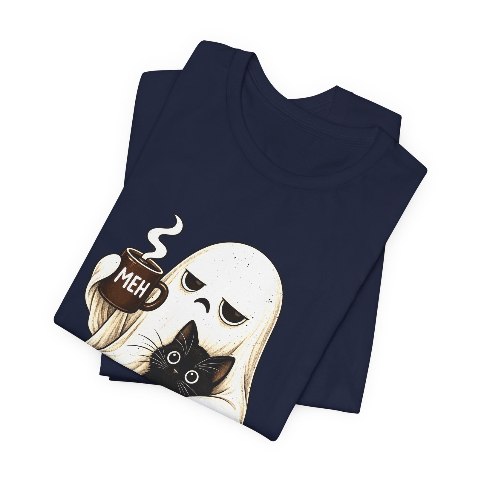 MEH Grumpy Ghost Coffee Holding Cat Graphic Tee - Image 35