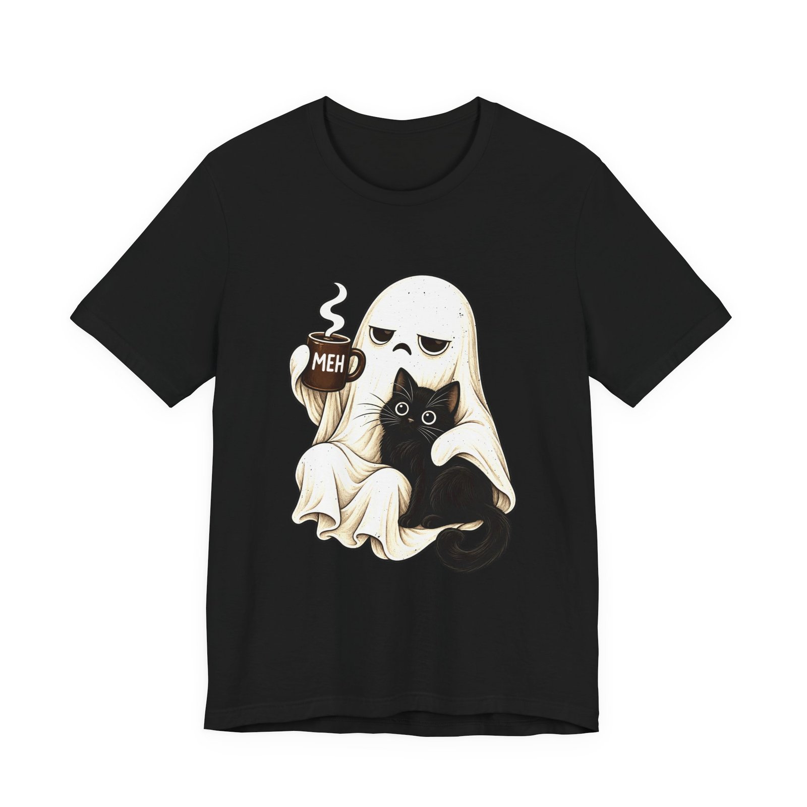 MEH Grumpy Ghost Coffee Holding Cat Graphic Tee - Image 13