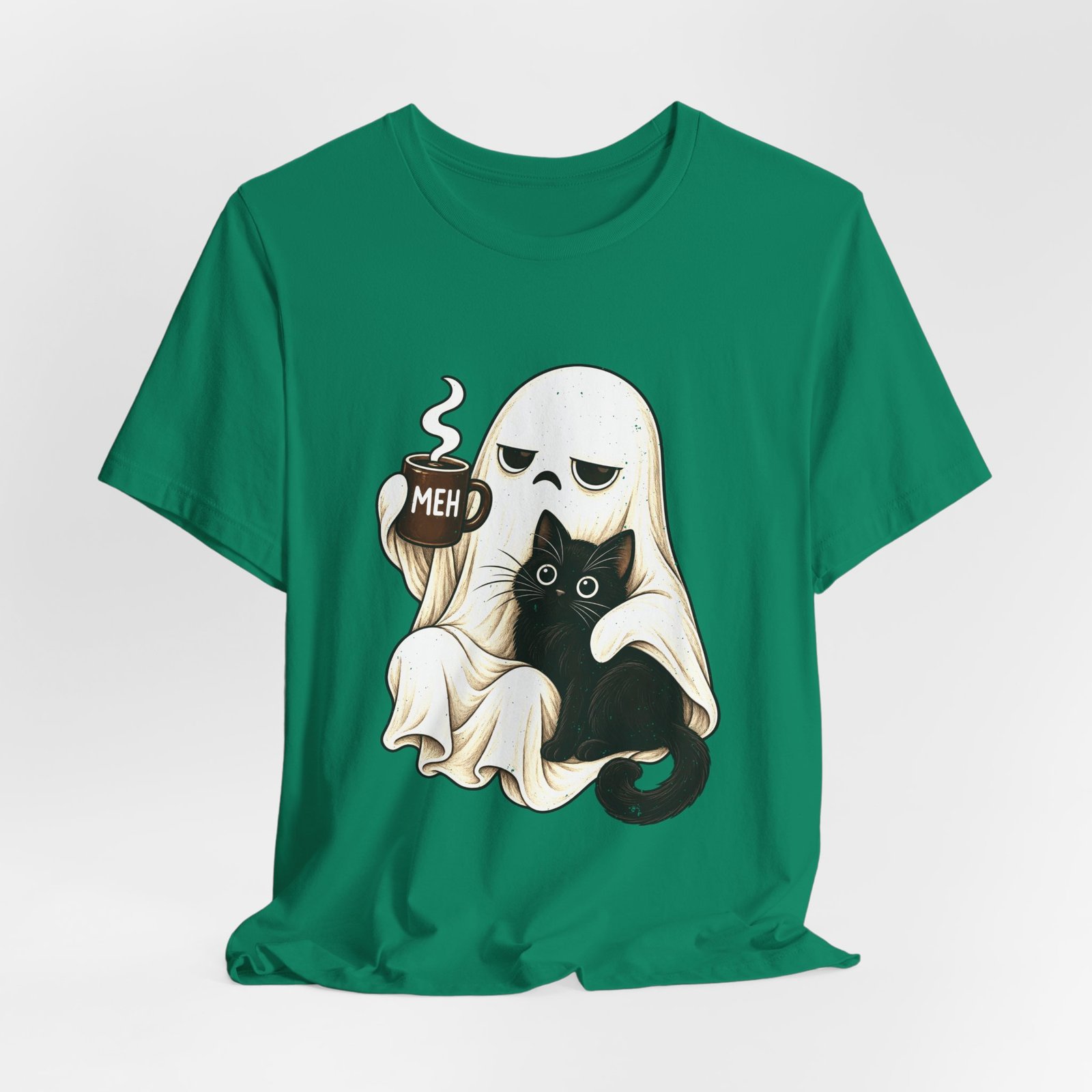 MEH Grumpy Ghost Coffee Holding Cat Graphic Tee - Image 28