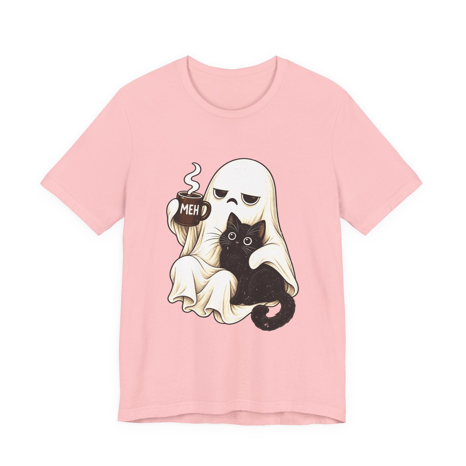 MEH Grumpy Ghost Coffee Holding Cat Graphic Tee - Image 41
