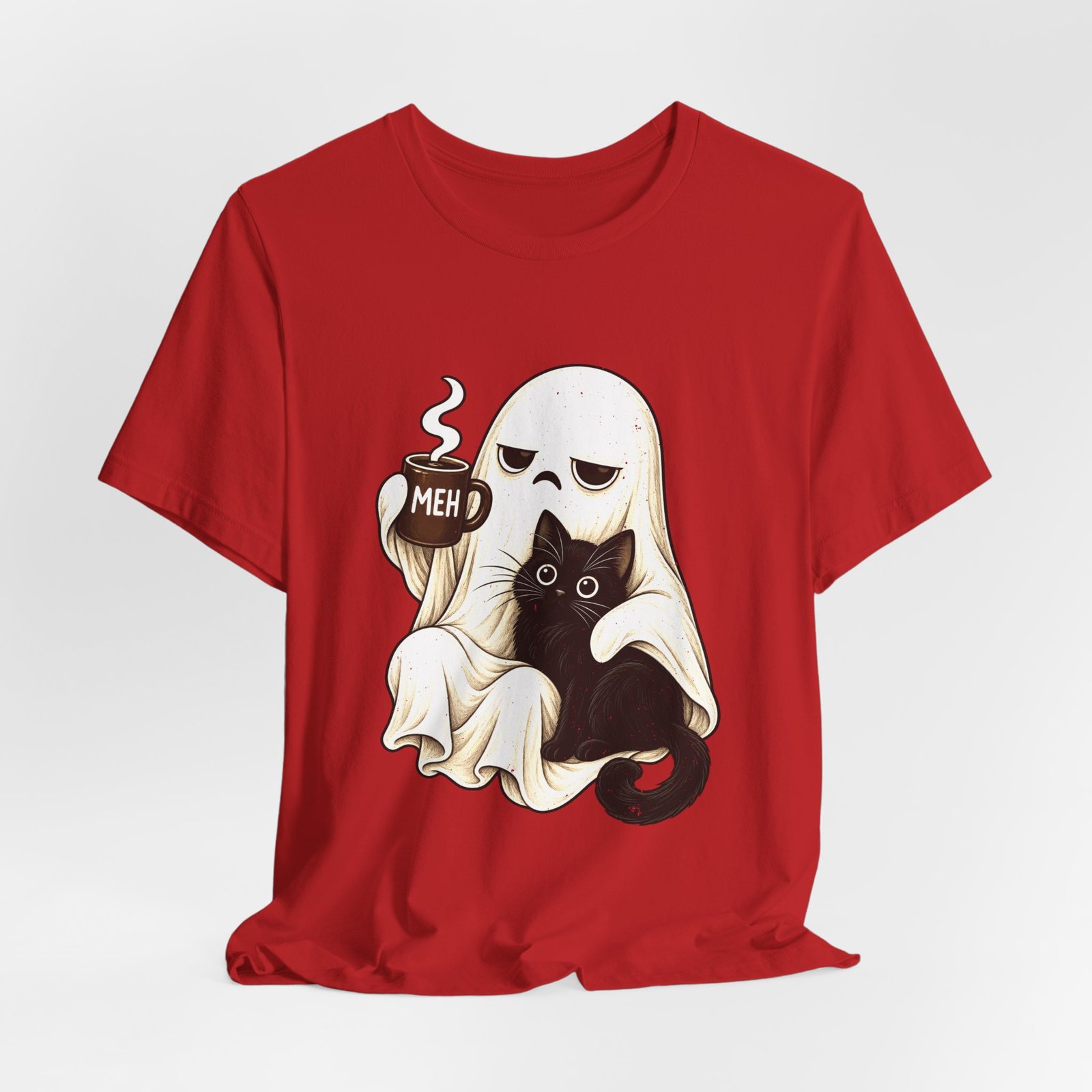 MEH Grumpy Ghost Coffee Holding Cat Graphic Tee - Image 48