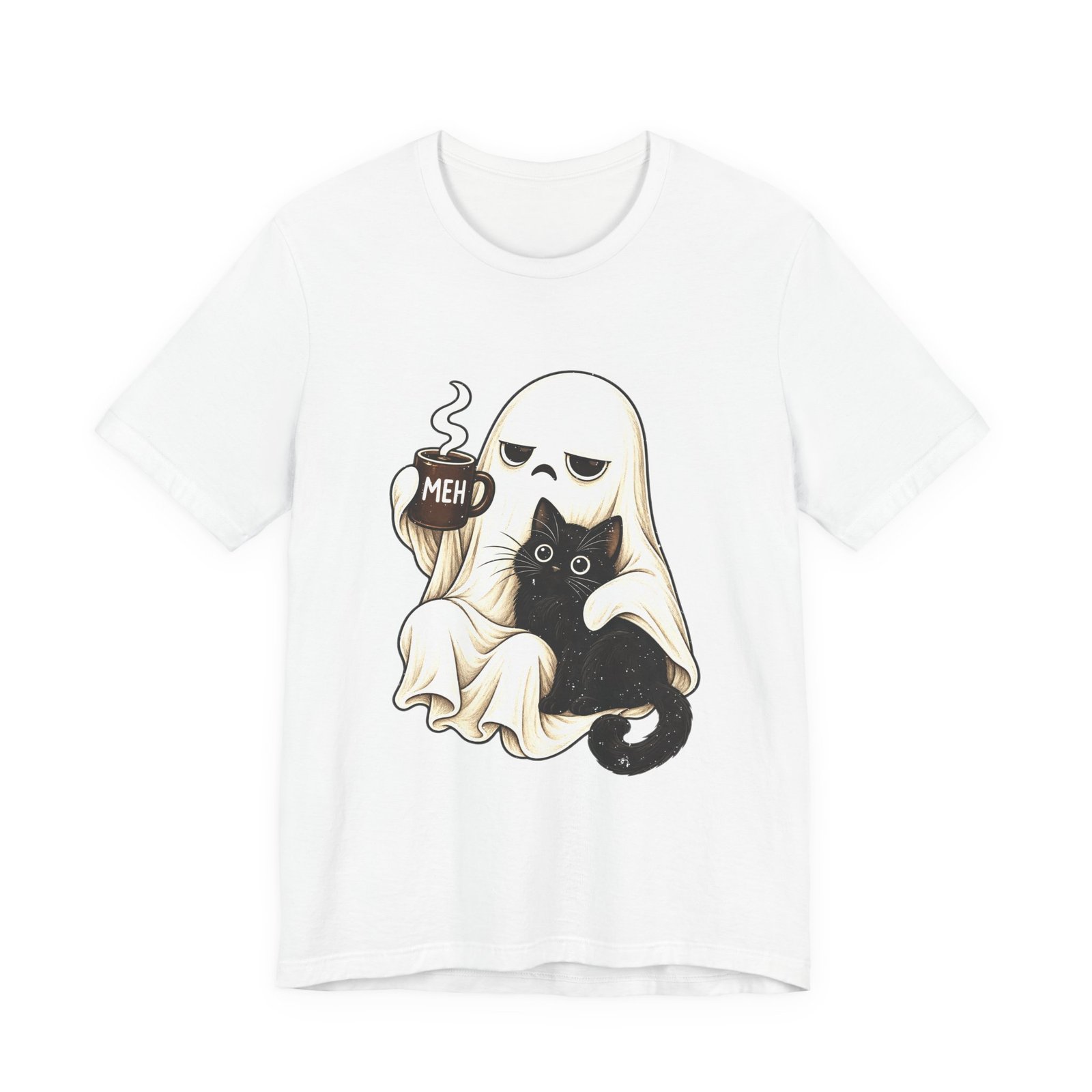 MEH Grumpy Ghost Coffee Holding Cat Graphic Tee