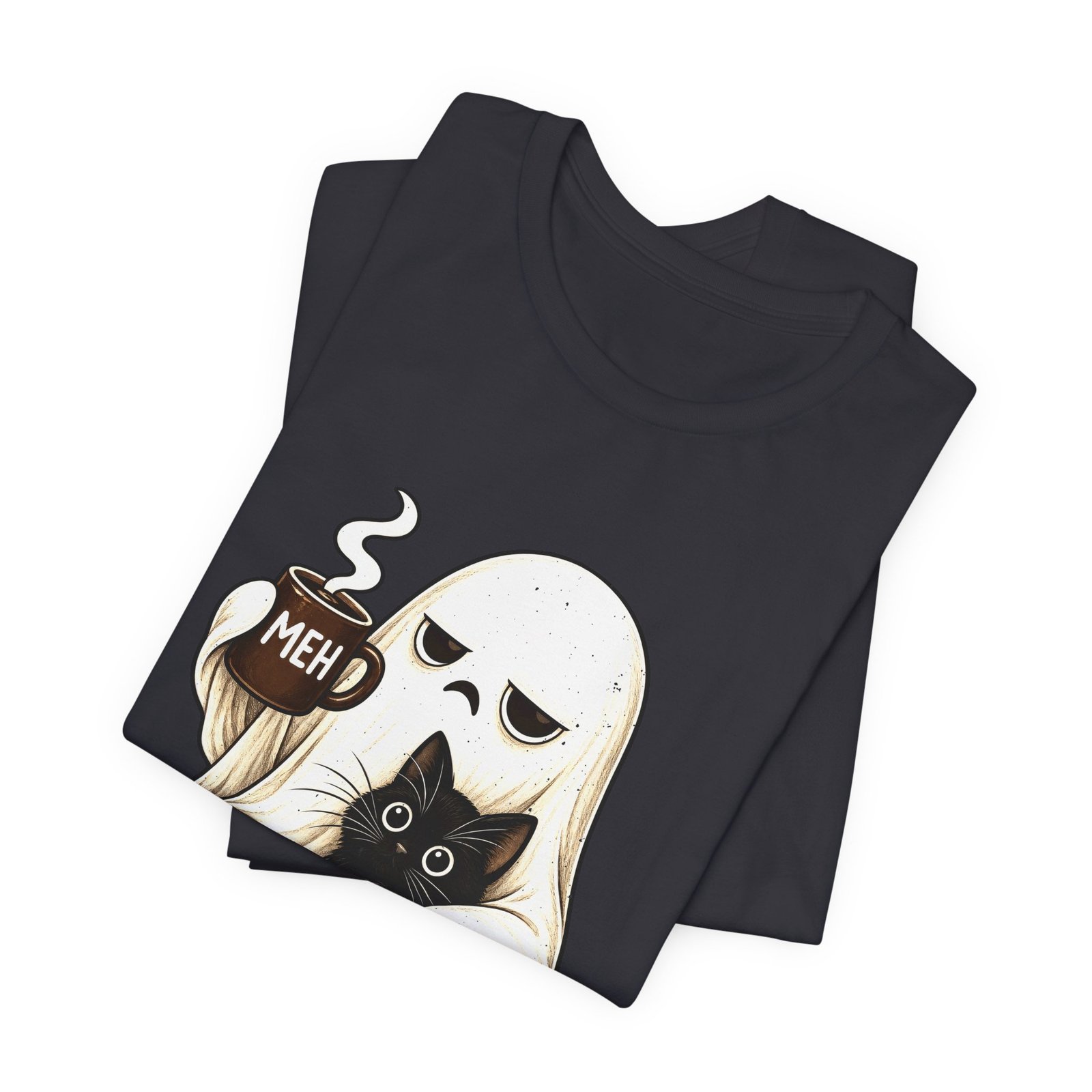 MEH Grumpy Ghost Coffee Holding Cat Graphic Tee - Image 23