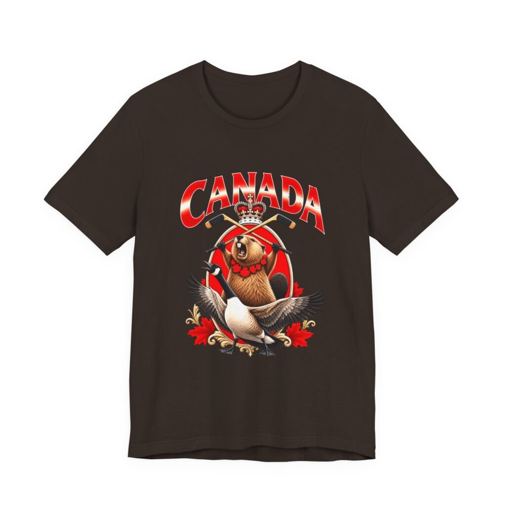 Dark brown t-shirt printed with a beaver and a goose in front of crossed hockey sticks, beneath the word Canada