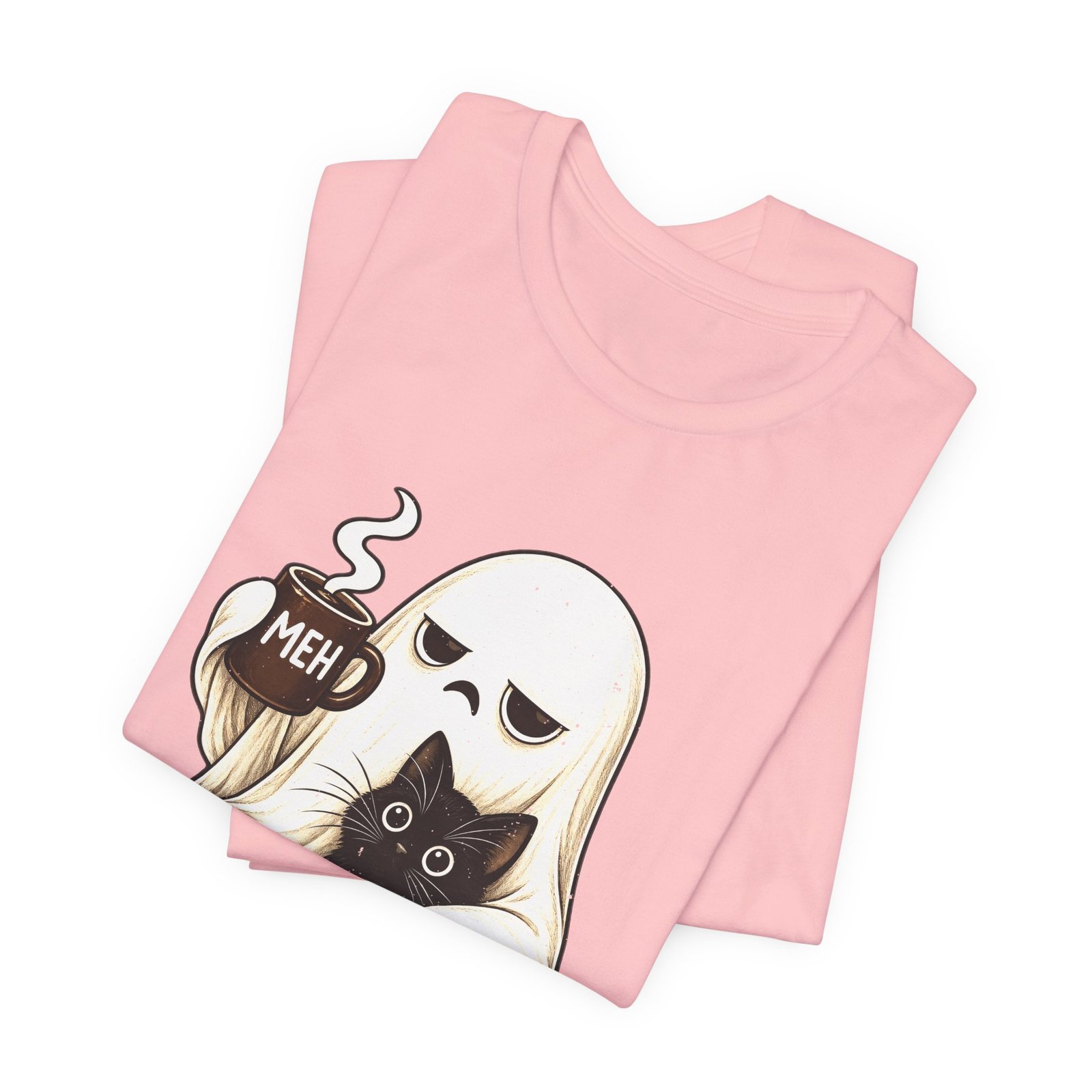 MEH Grumpy Ghost Coffee Holding Cat Graphic Tee - Image 43