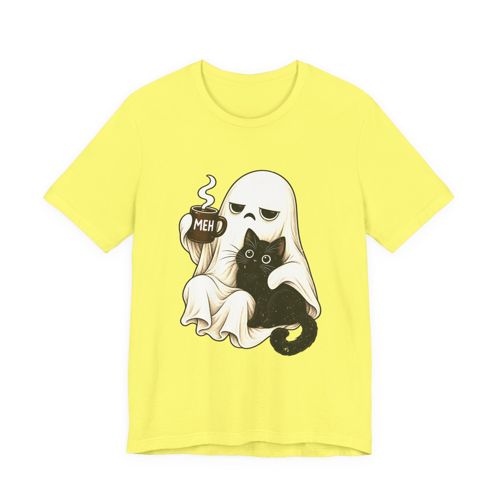MEH Grumpy Ghost Coffee Holding Cat Graphic Tee - Image 17