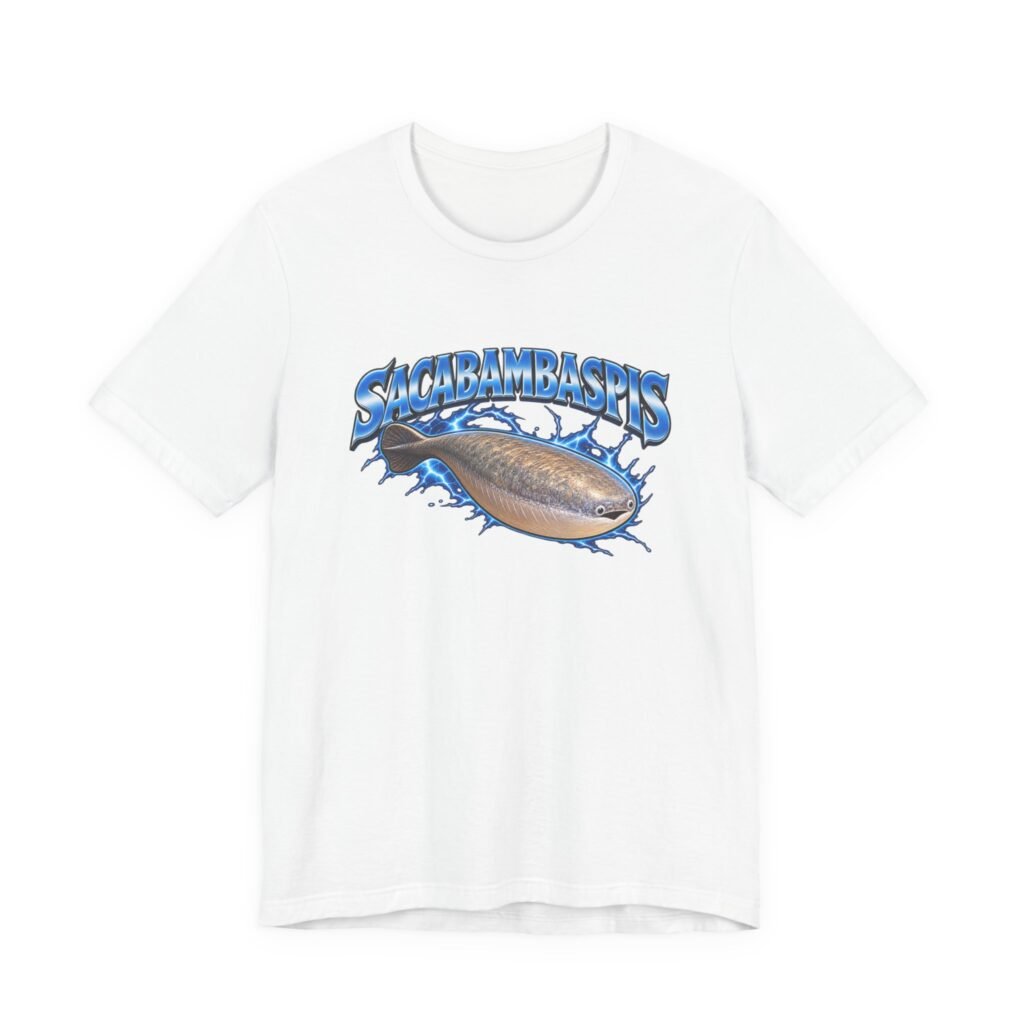 Sacabambaspis Meme Prehistoric Fish Lightning Mascot Graphic Tee