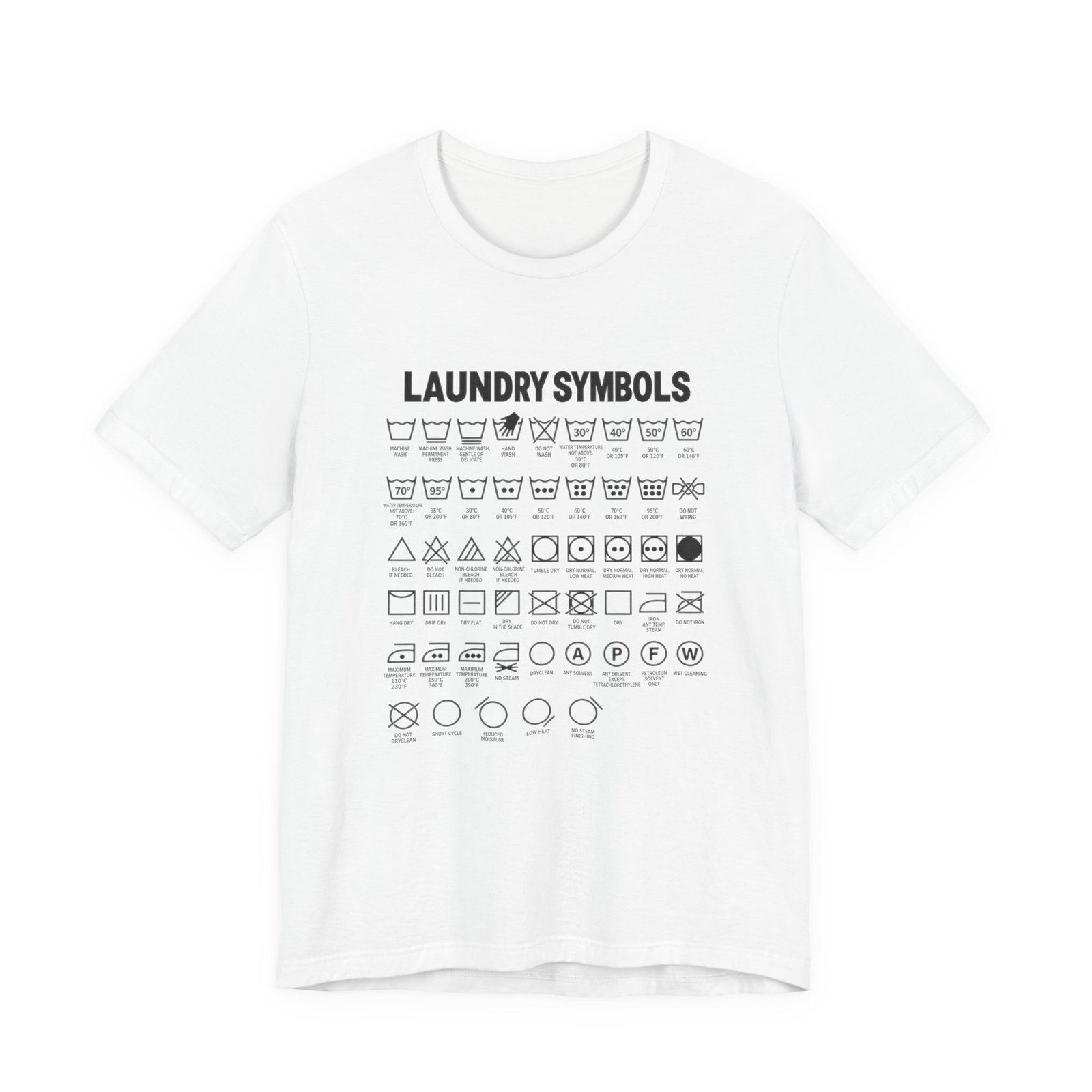 White t-shirt printed with a full reference chart of laundry care symbols with labels