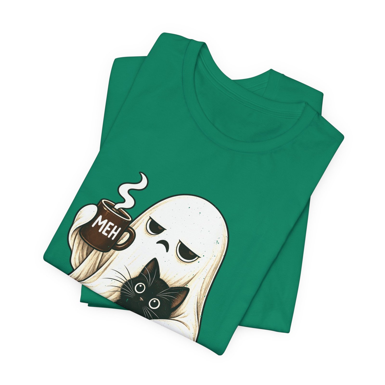 MEH Grumpy Ghost Coffee Holding Cat Graphic Tee - Image 27
