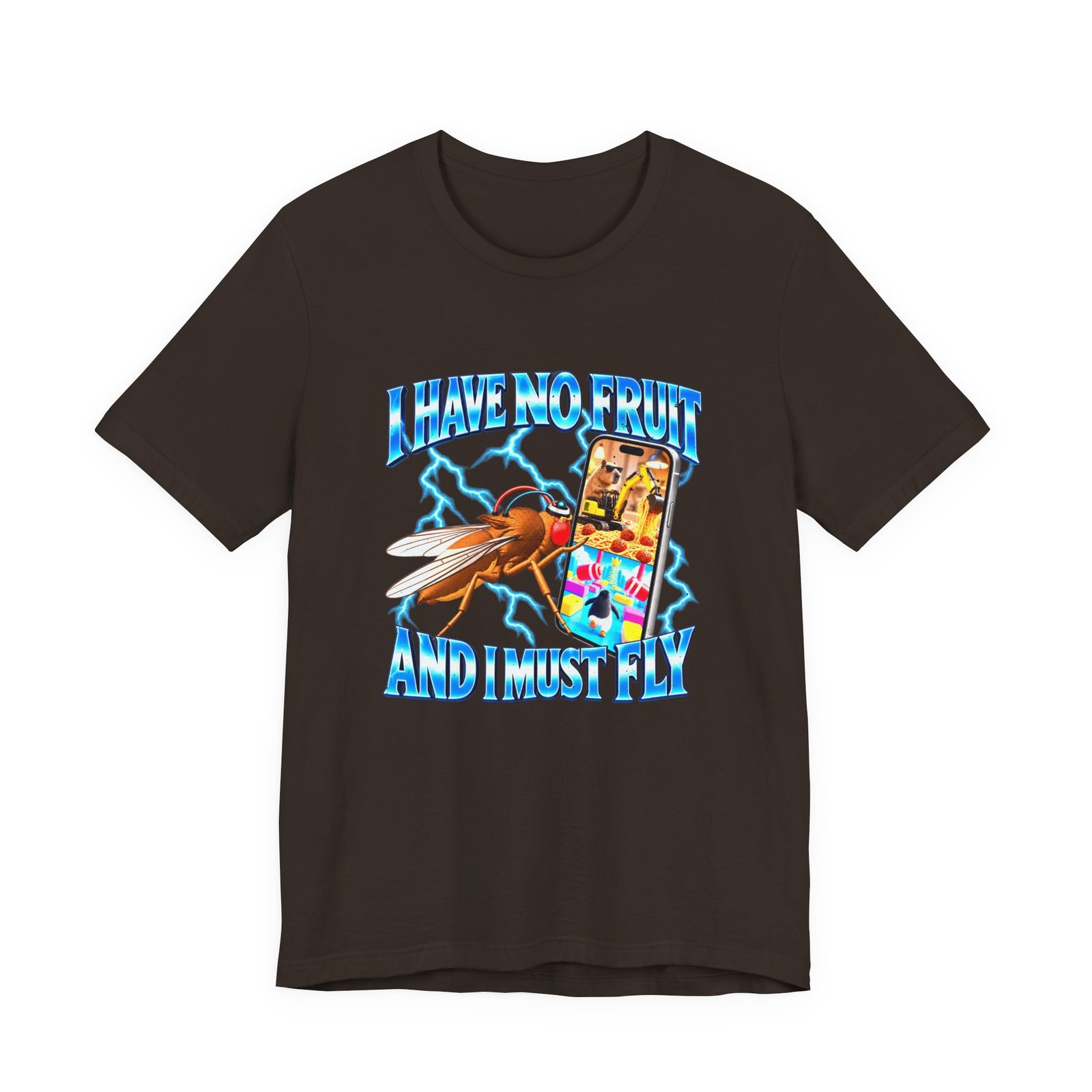 Dark brown t-shirt printed with a fruit fly beside a phone in blue lightning, between the words I have no fruit and I must fly