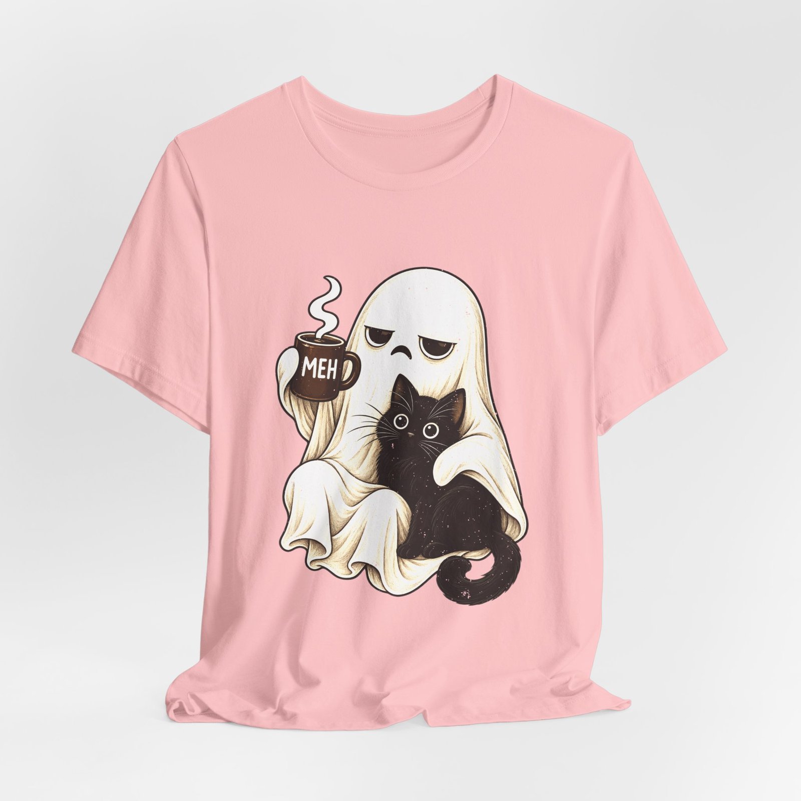 MEH Grumpy Ghost Coffee Holding Cat Graphic Tee - Image 44