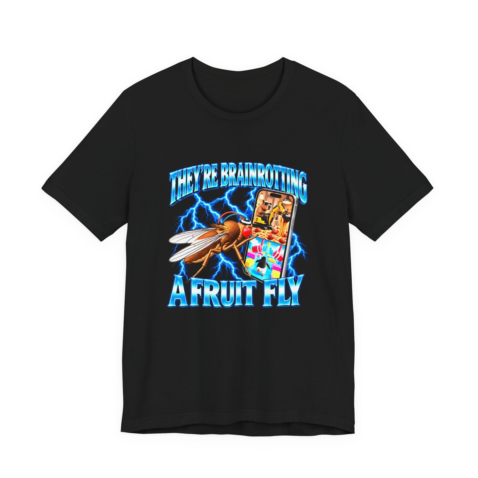 Black t-shirt printed with a fruit fly staring at a phone in blue lightning, between the words They're brainrotting a fruit fly