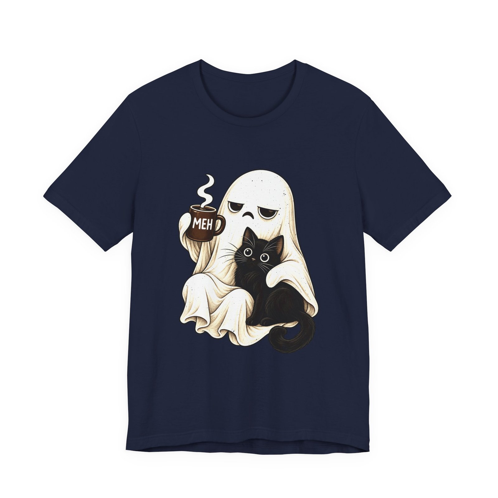 MEH Grumpy Ghost Coffee Holding Cat Graphic Tee - Image 33