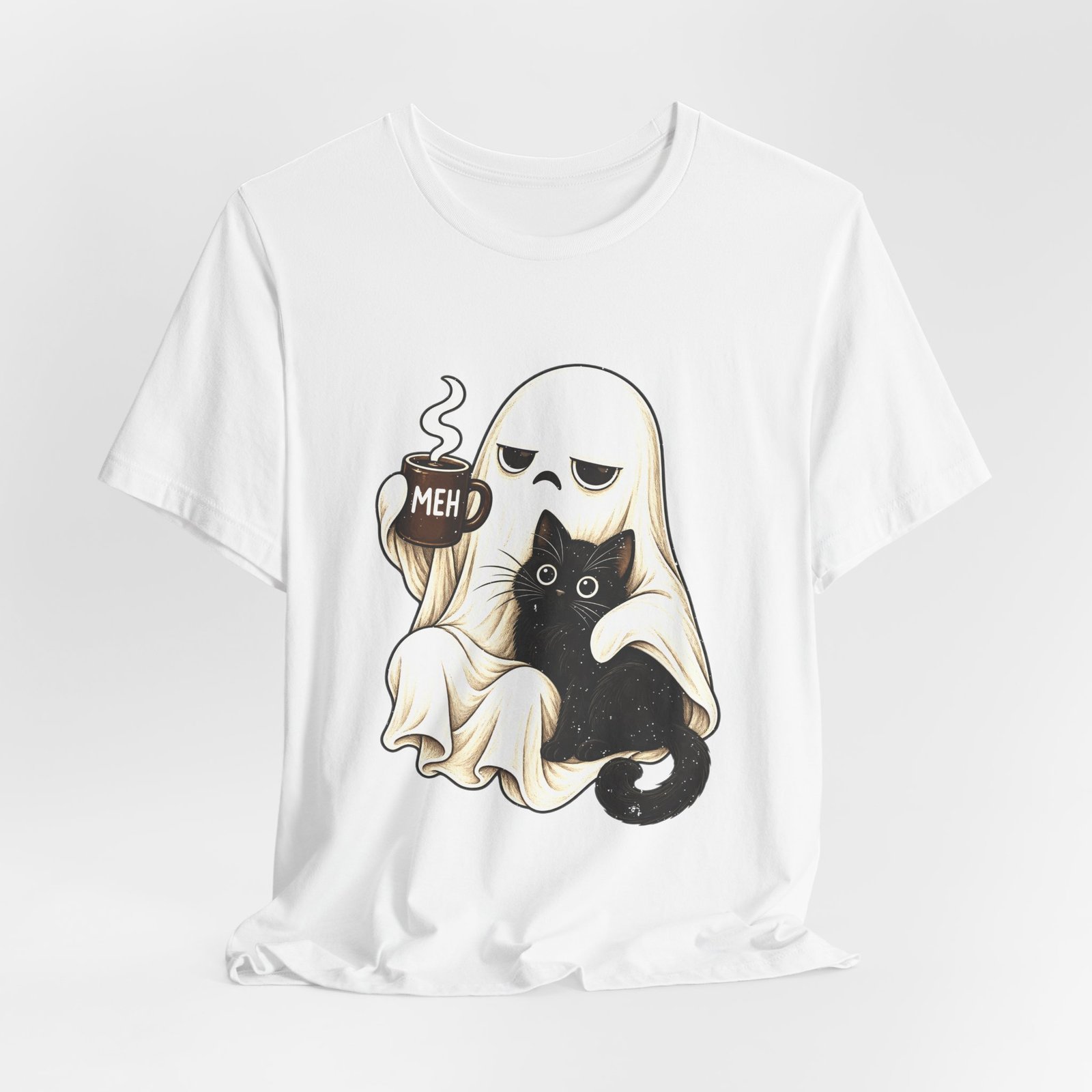 MEH Grumpy Ghost Coffee Holding Cat Graphic Tee - Image 4