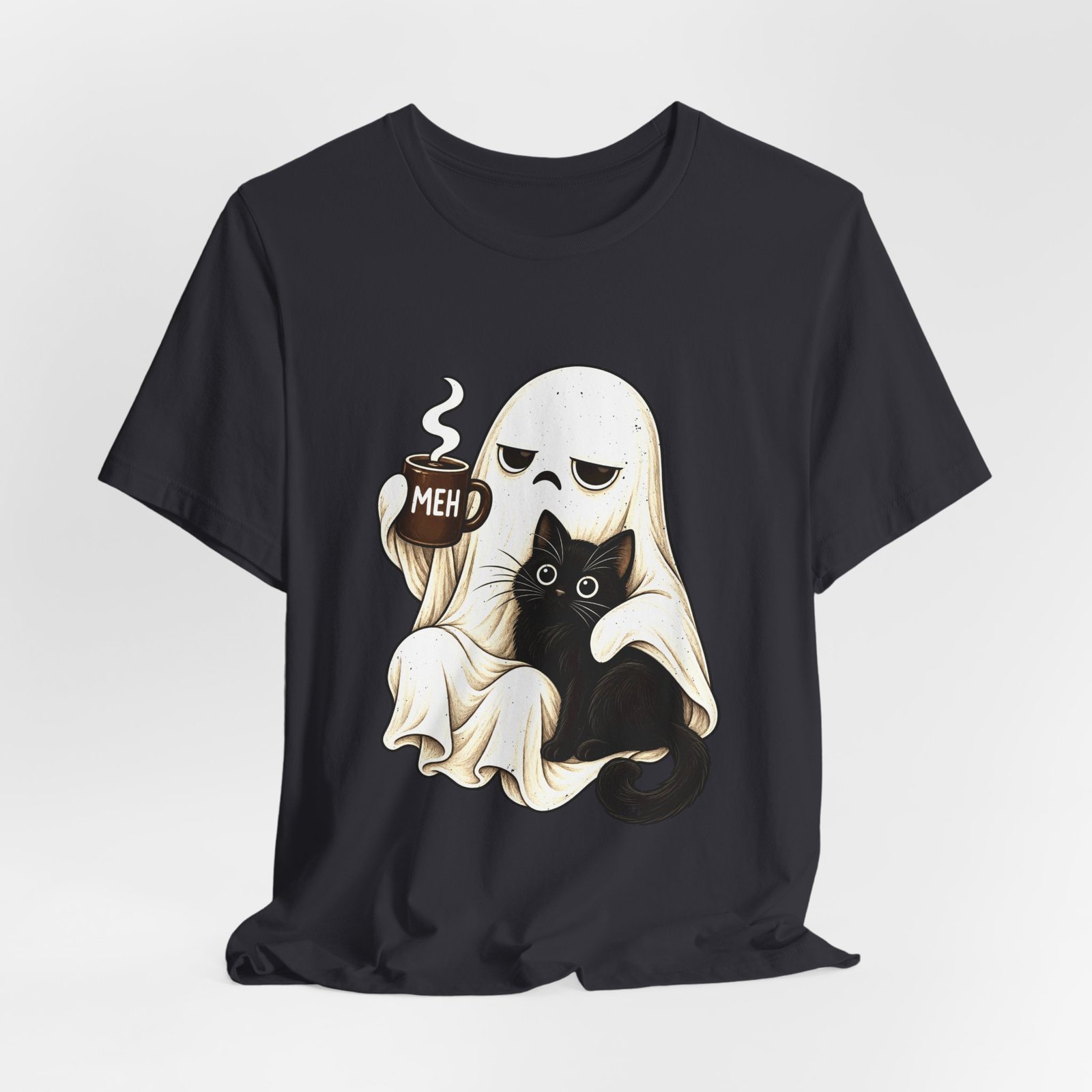 MEH Grumpy Ghost Coffee Holding Cat Graphic Tee - Image 24
