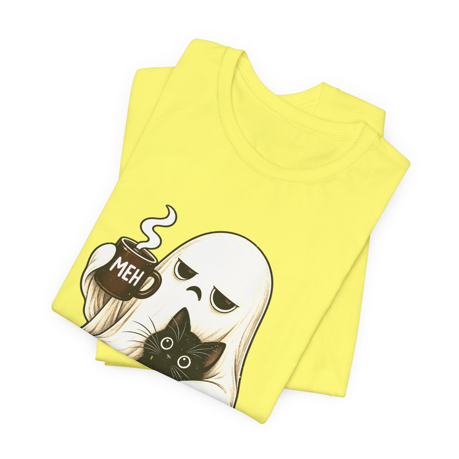 MEH Grumpy Ghost Coffee Holding Cat Graphic Tee - Image 19