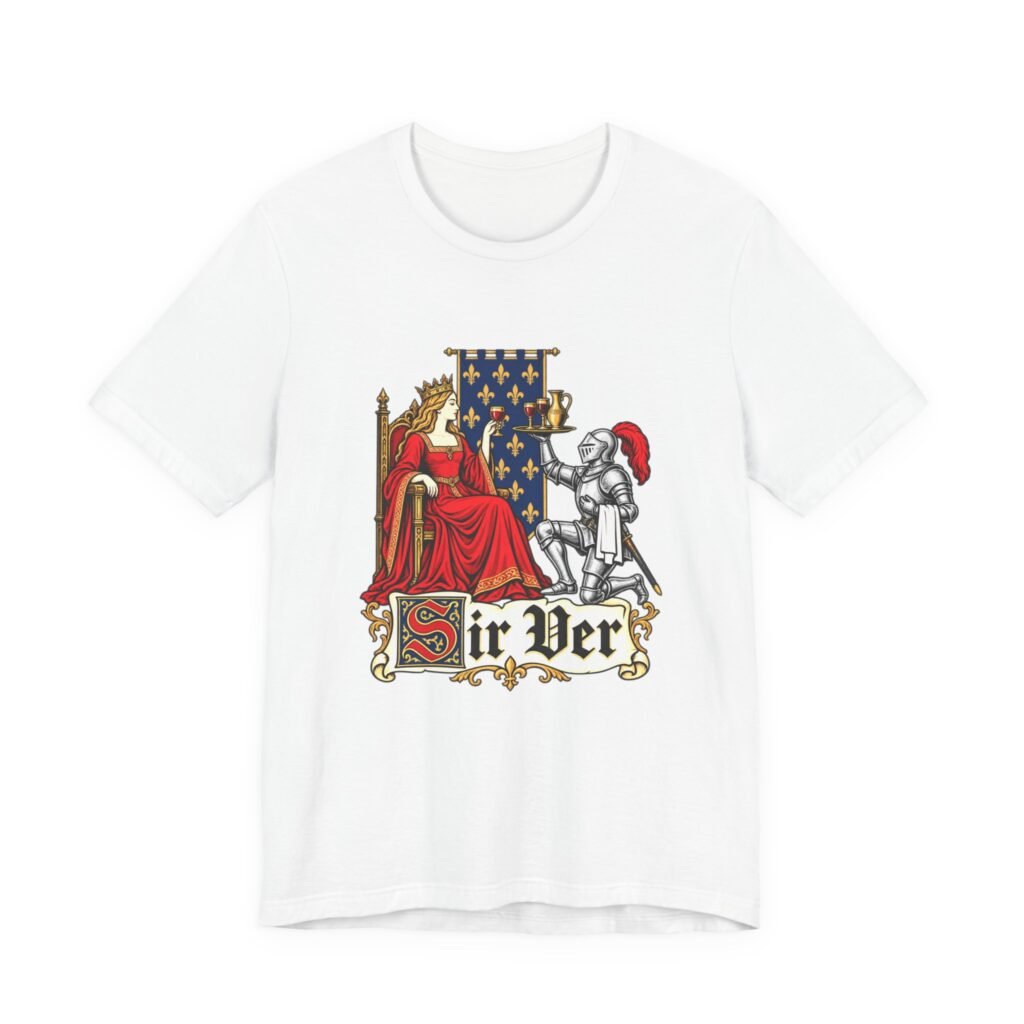 White t-shirt printed with an illuminated panel of a kneeling knight offering wine to a queen, beneath the name Sir Ver