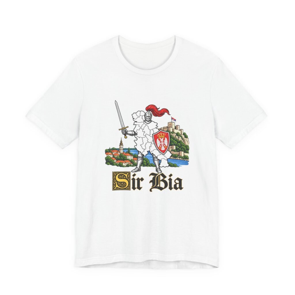 White t-shirt printed with a knight raising a sword beside a Serbian shield and a map, beneath the name Ser Bia