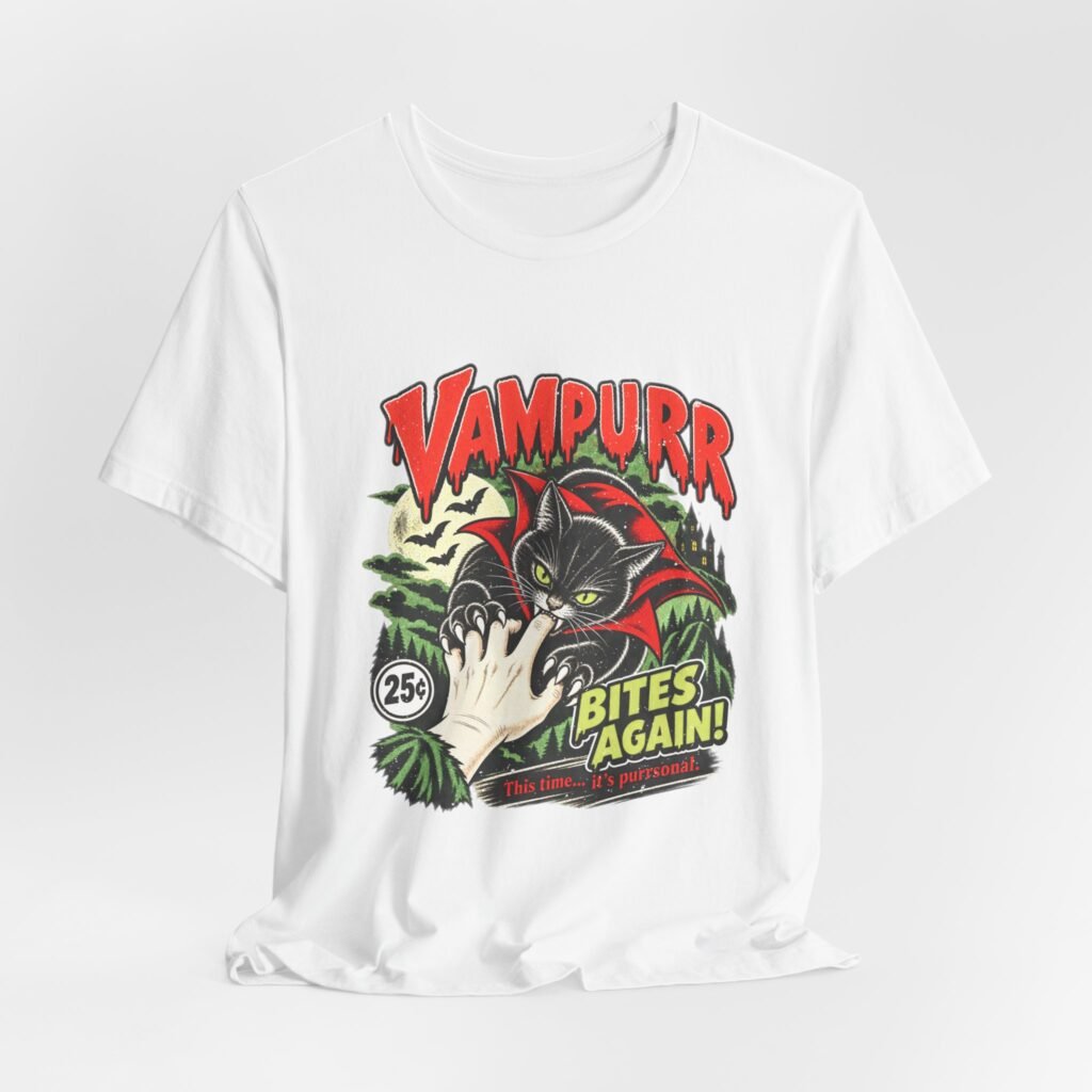 Vampurr Bites Again Vampire Cat Horror Comic Graphic Tee