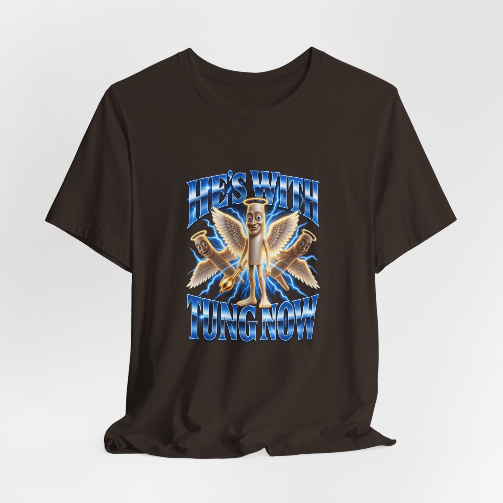 He’s With Tung Sahur Now Meme Angel Humor Graphic Tee - Image 4