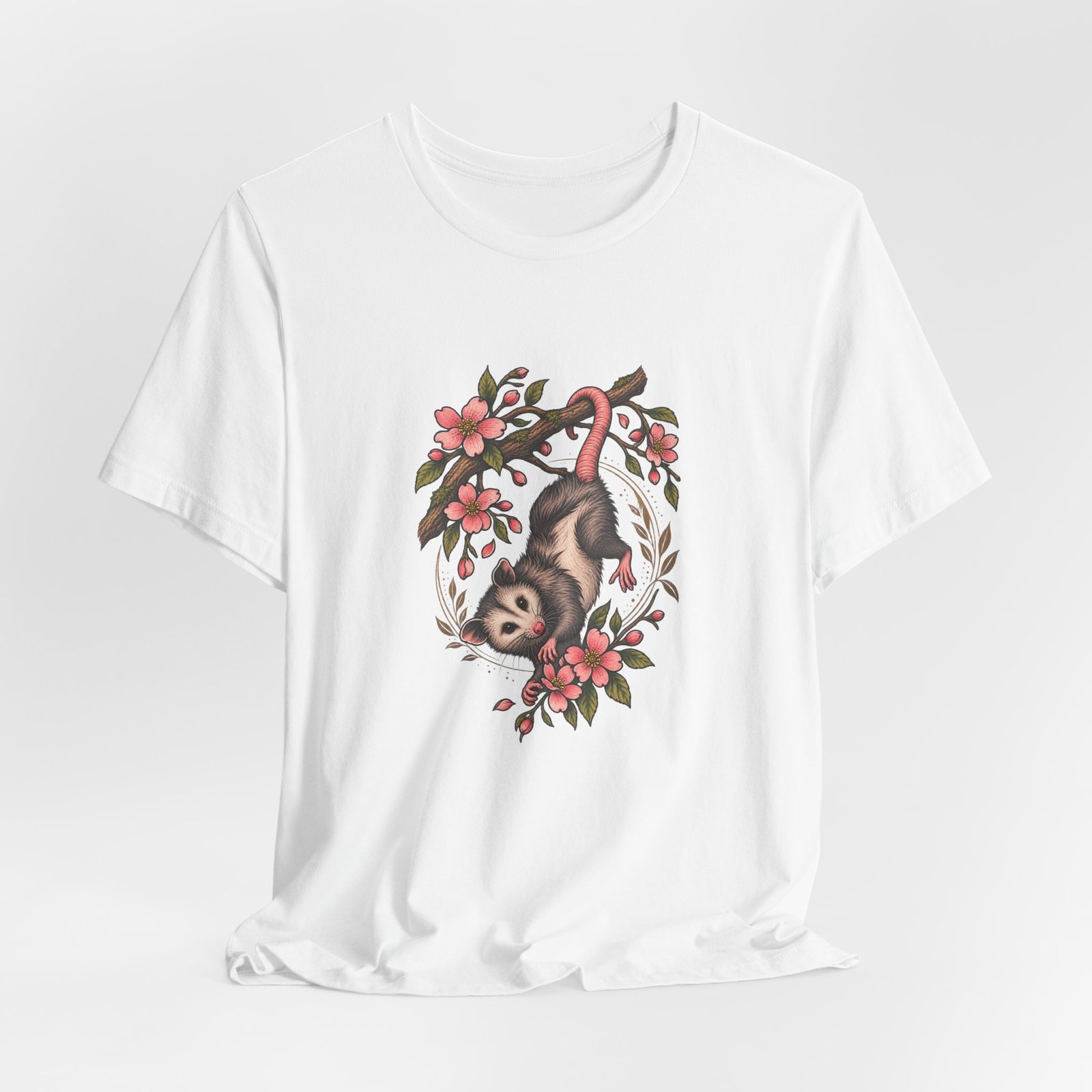 Opossum Hanging Among Blossoms Graphic Tee - Image 4