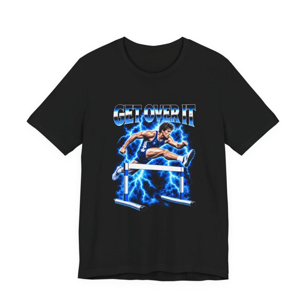 Black t-shirt printed with an athlete clearing a hurdle in blue lightning, beneath the words Get Over It