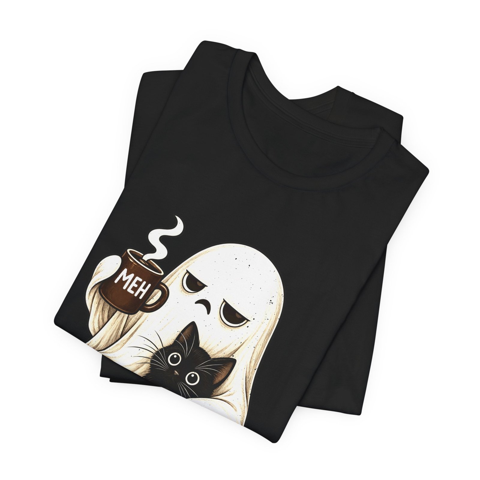 MEH Grumpy Ghost Coffee Holding Cat Graphic Tee - Image 15