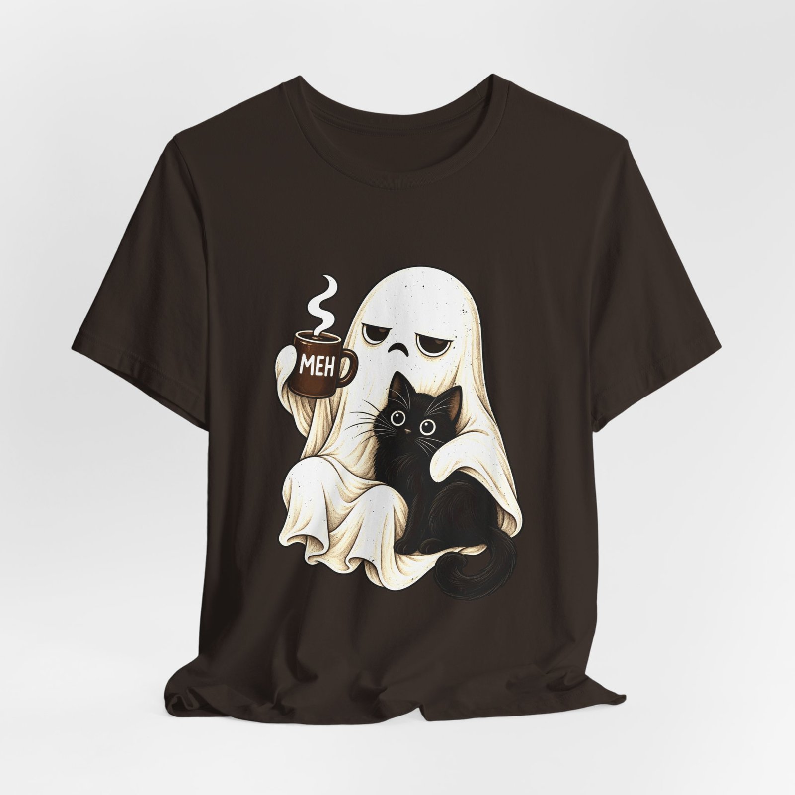 MEH Grumpy Ghost Coffee Holding Cat Graphic Tee - Image 12
