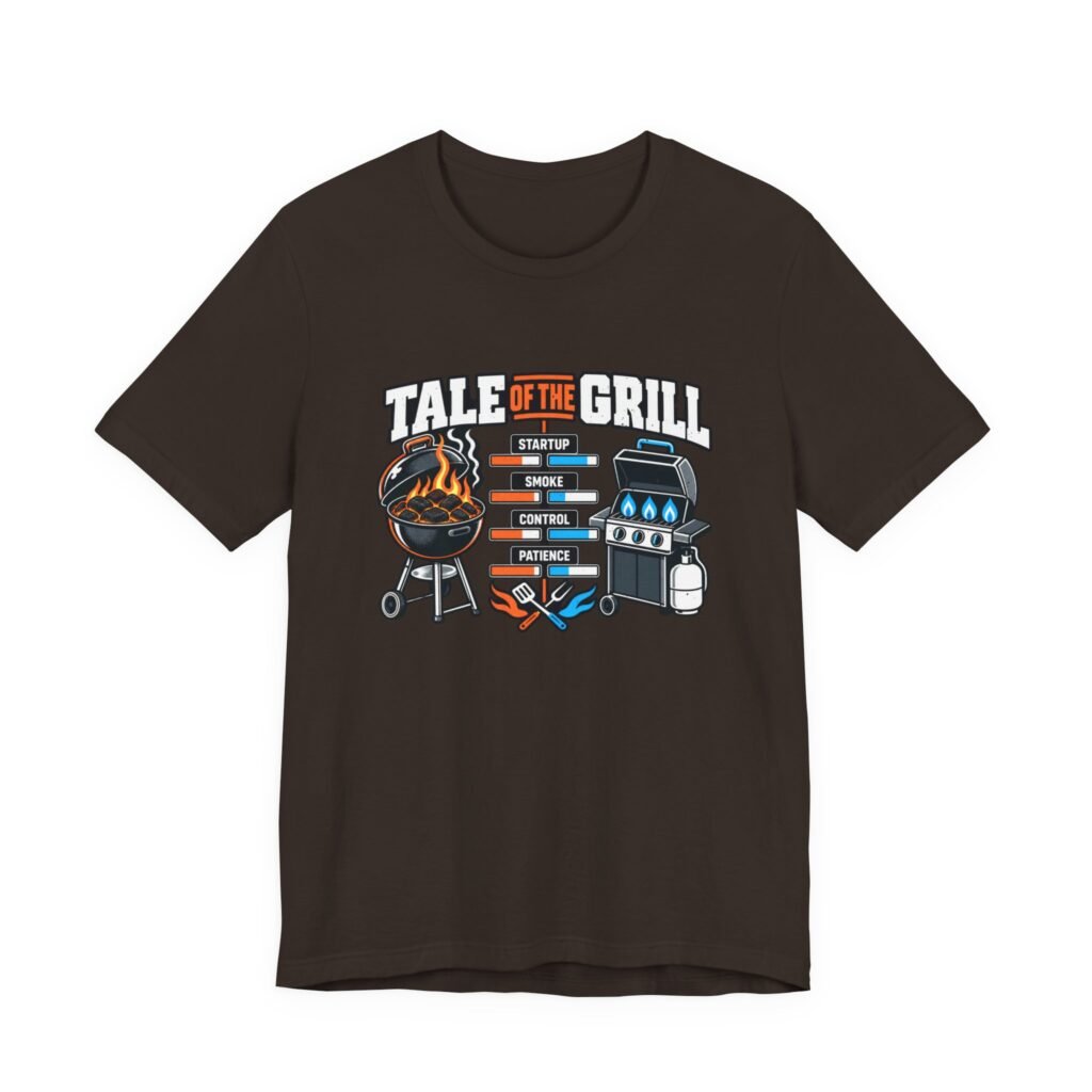 Dark brown t-shirt printed with a charcoal grill and a gas grill compared on a stat chart, beneath the words Tale of the Grill