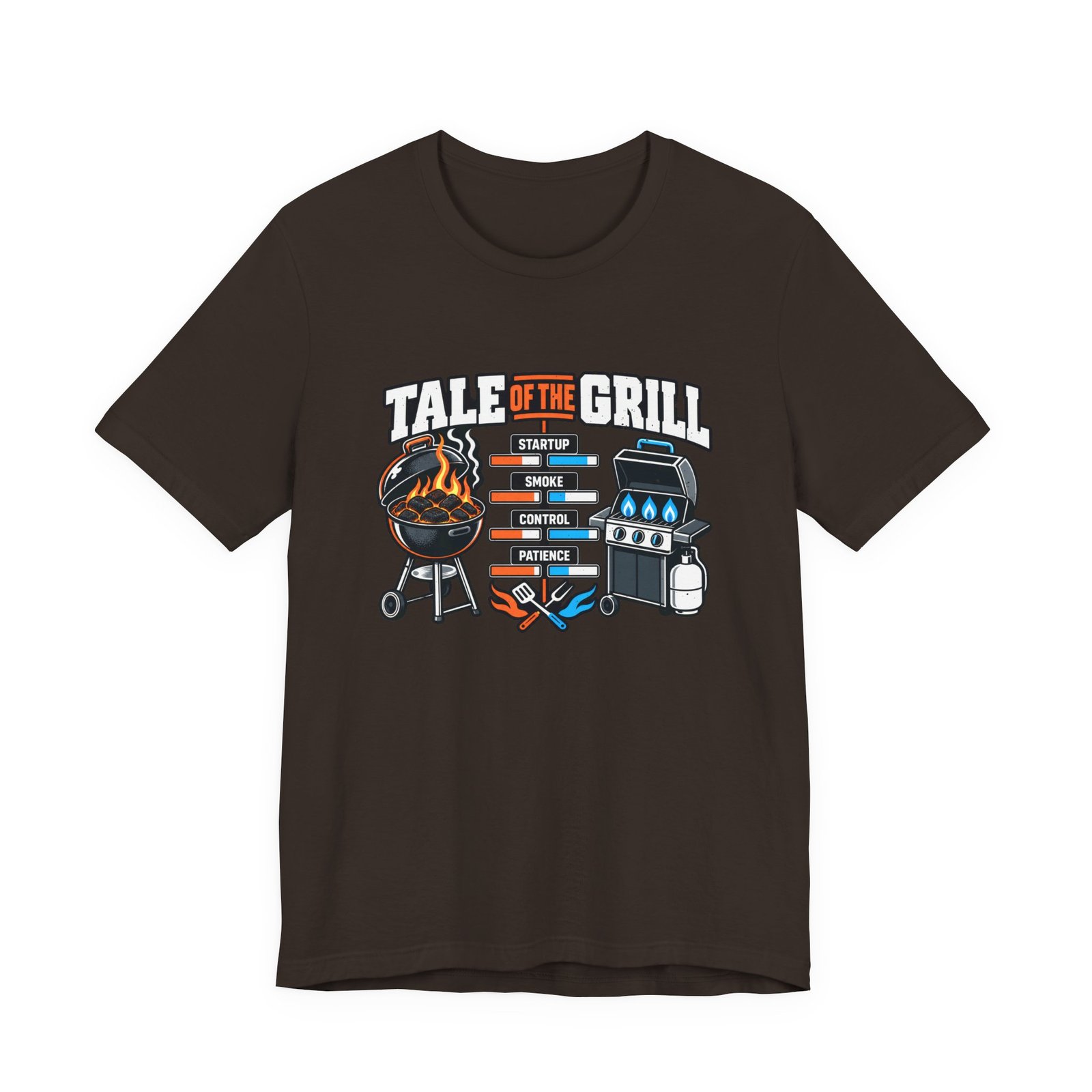 Dark brown t-shirt printed with a charcoal grill and a gas grill compared on a stat chart, beneath the words Tale of the Grill