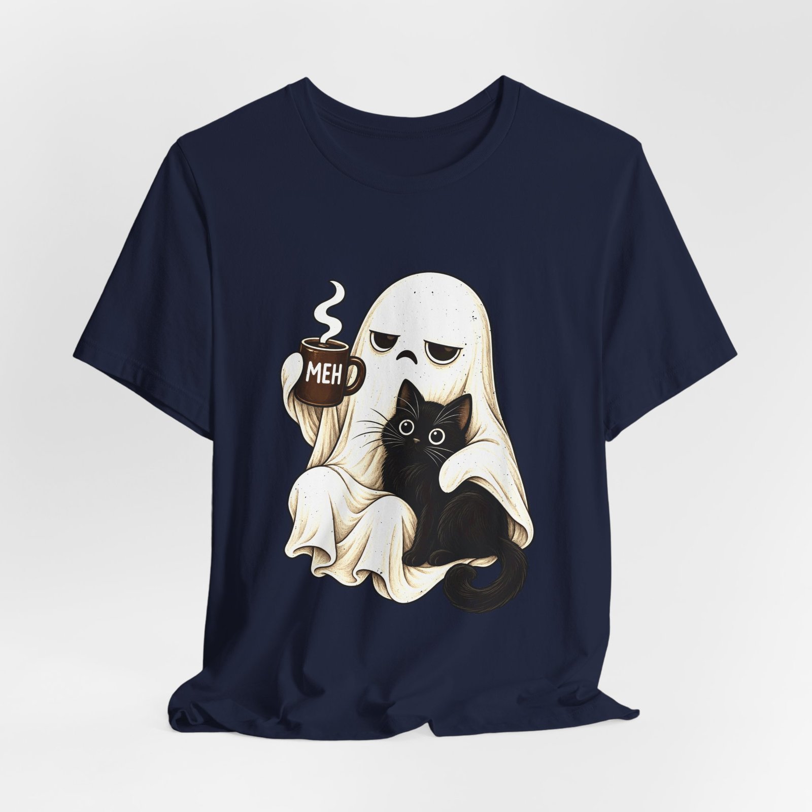 MEH Grumpy Ghost Coffee Holding Cat Graphic Tee - Image 36