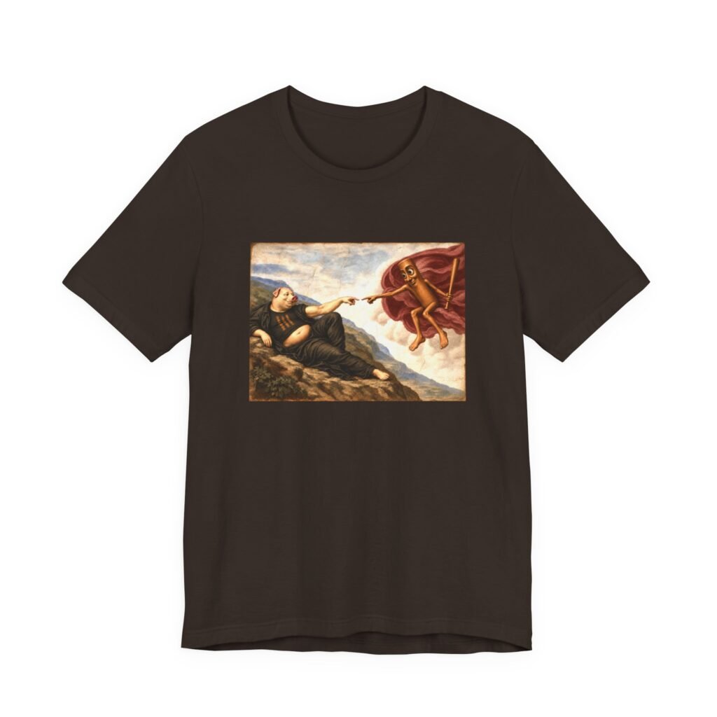 Dark brown t-shirt printed with a painting of Michelangelo's Creation of Adam with a pig-headed figure in place of God