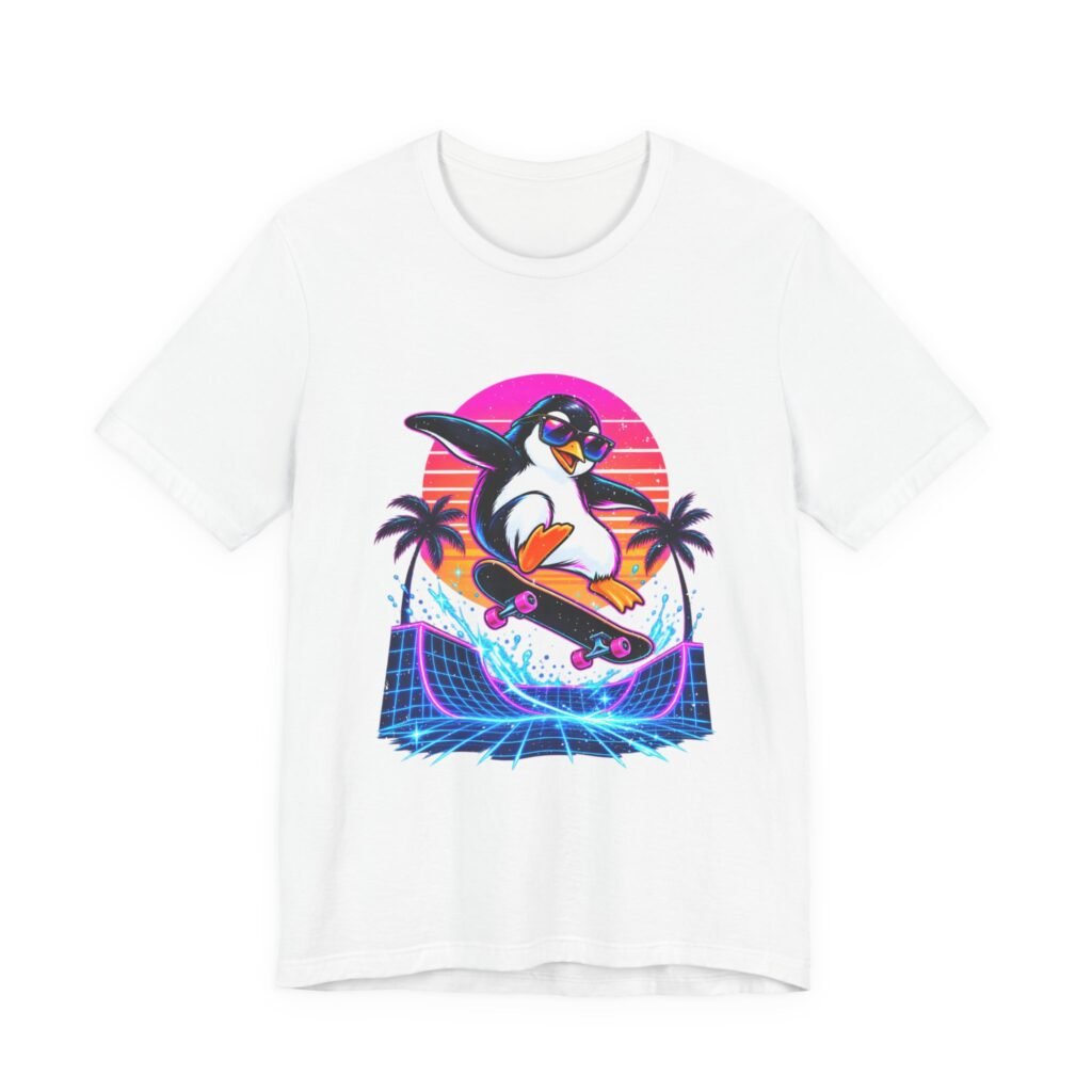 Penguin Skateboarding Sunset Graphic Tee