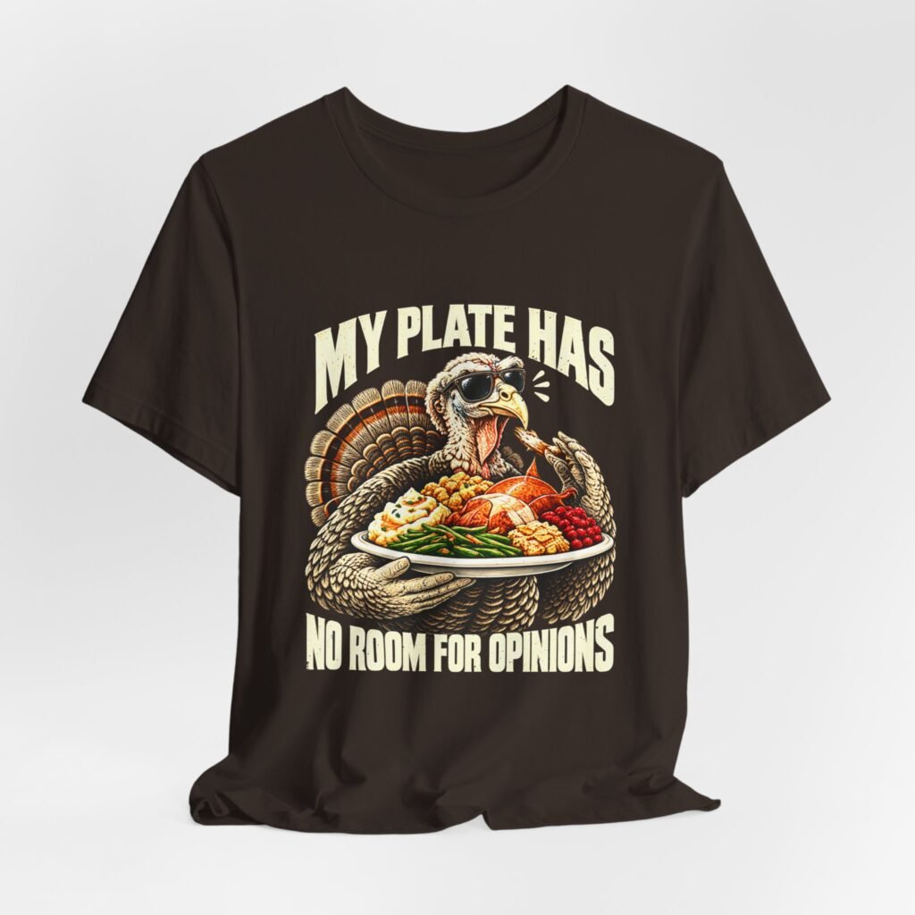 Funny Thanksgiving Turkey With a Full Plate and No Room for Opinions