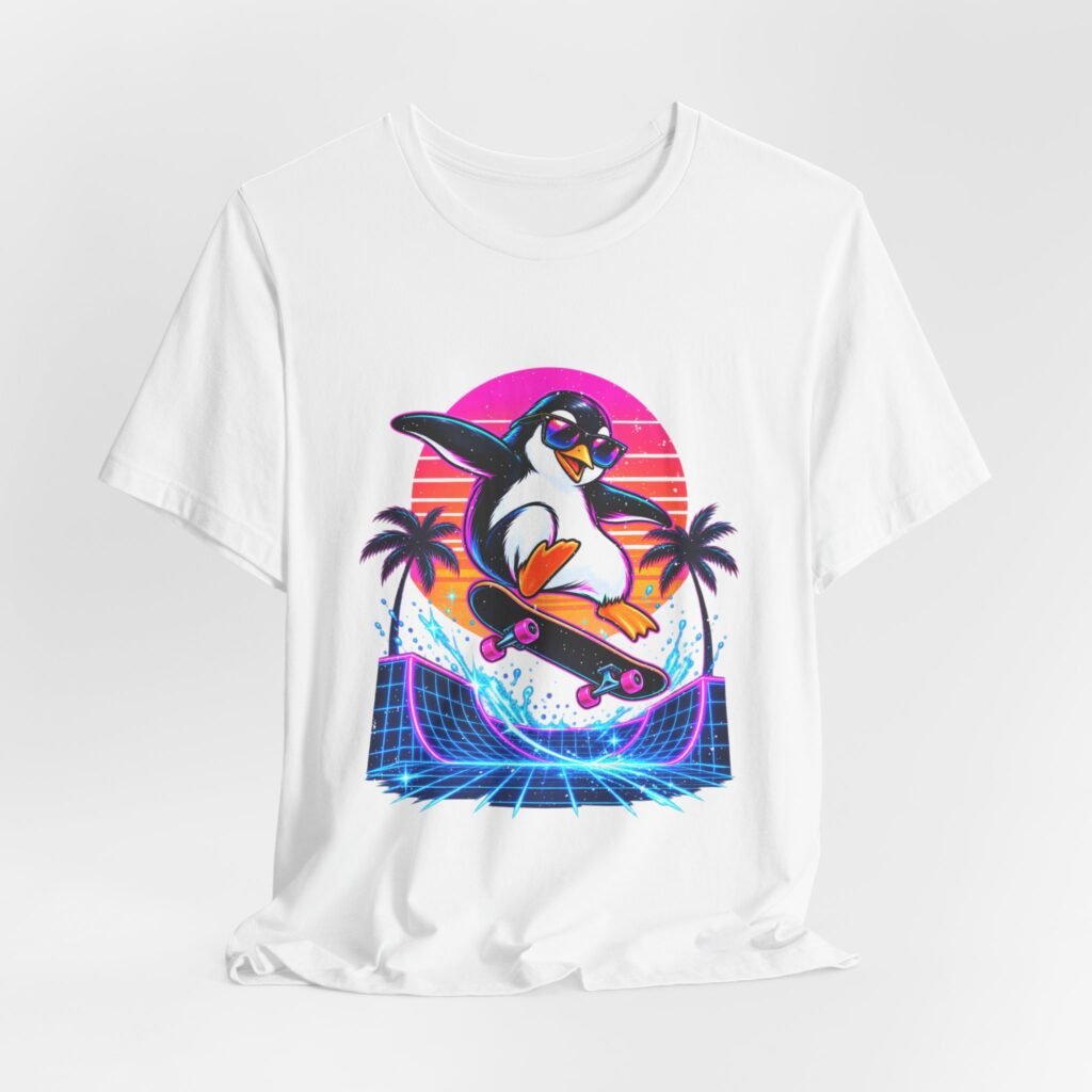 Penguin Skateboarding Sunset Graphic Tee